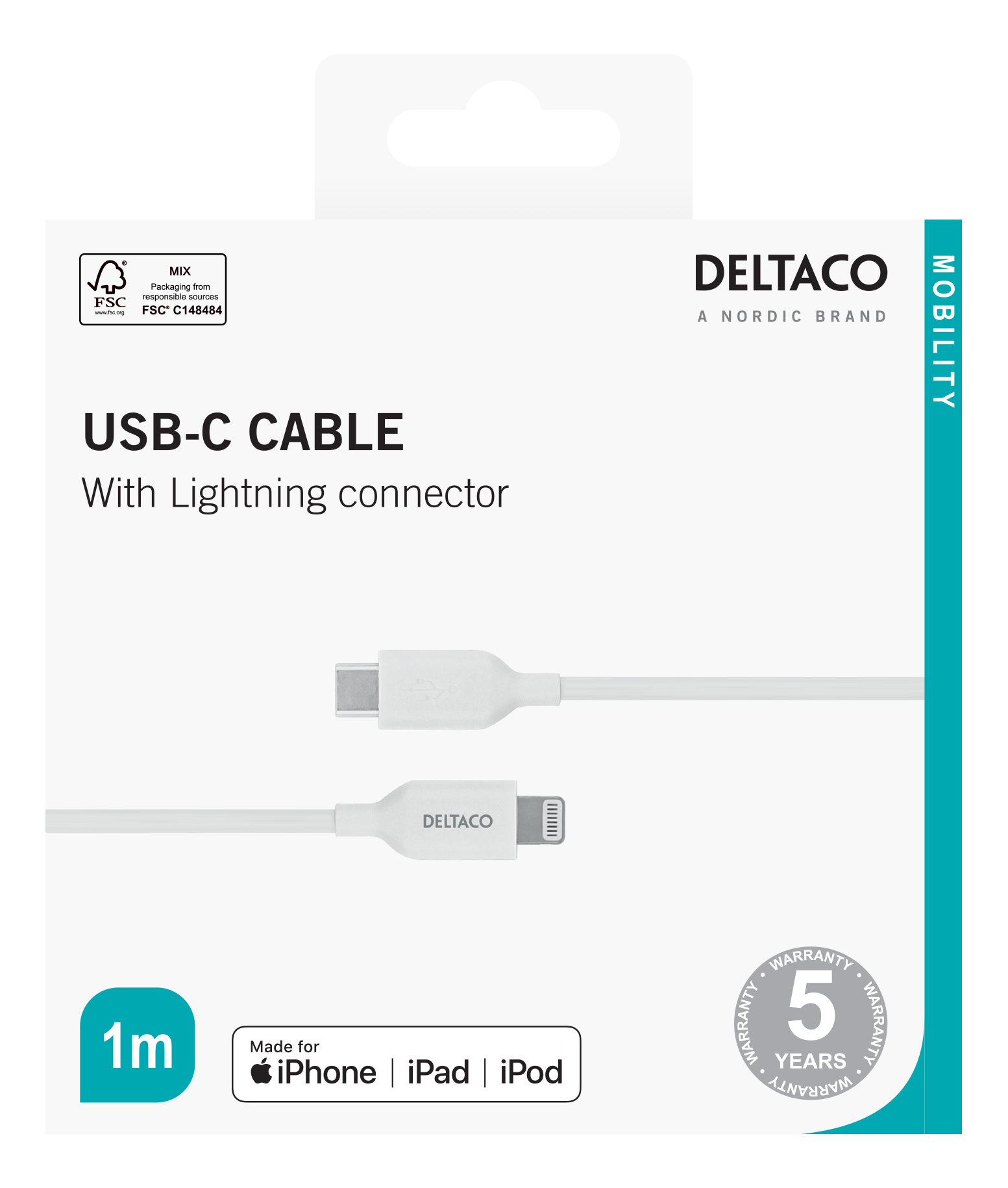 Cavo USB-C bianco con connettore Lightning. In scatola, con marchio DELTACO. Viene mostrato un cavo da 1 m.