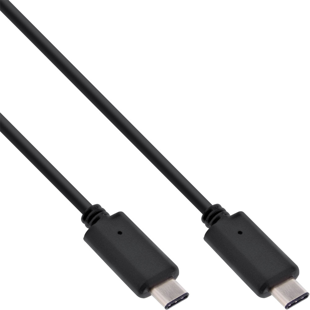 Due cavi USB-C neri con connettori ad entrambe le estremità, angolati diagonalmente su sfondo bianco.