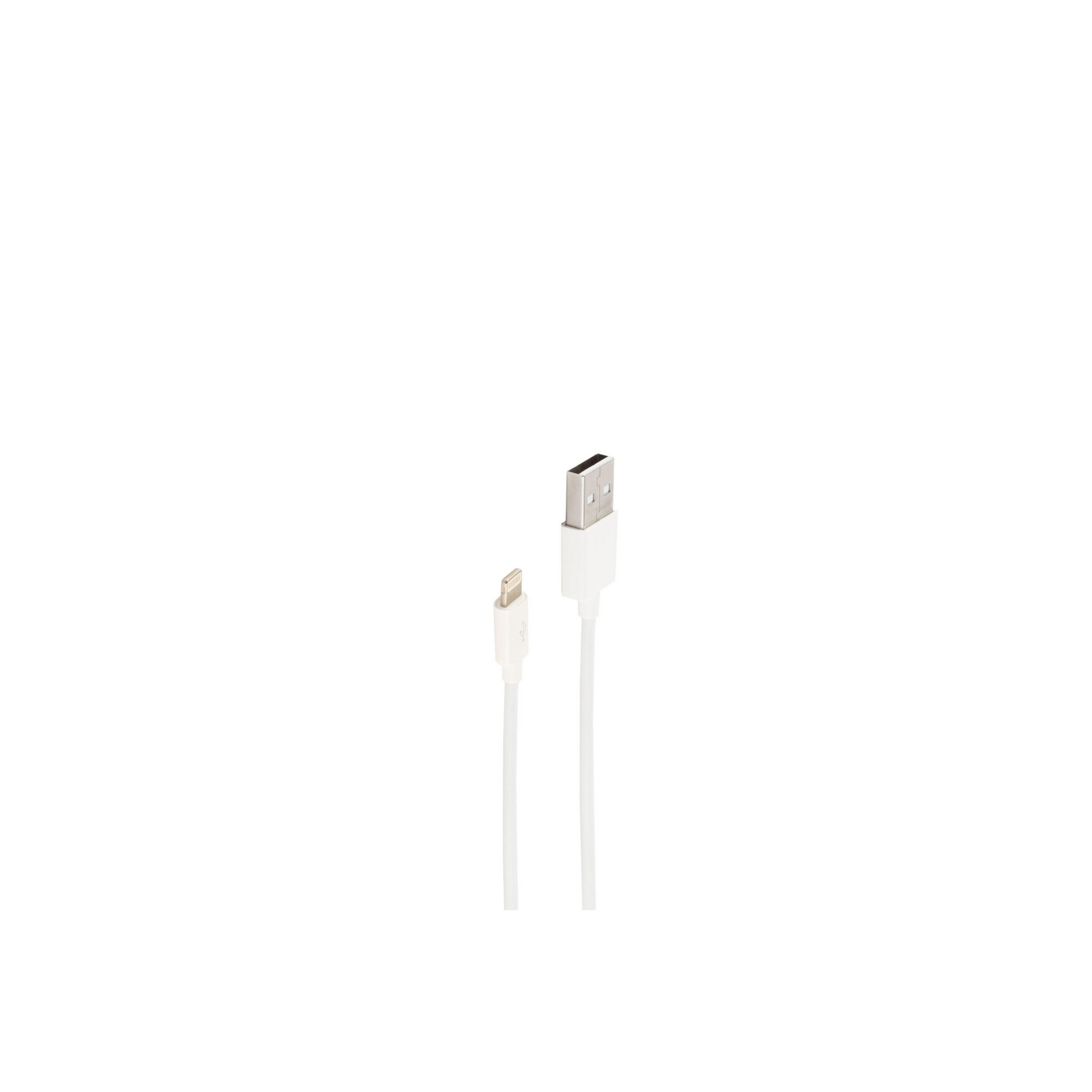 Weißes USB-Kabel mit einem USB- und einem Micro-USB-Anschluss, weißer Hintergrund.