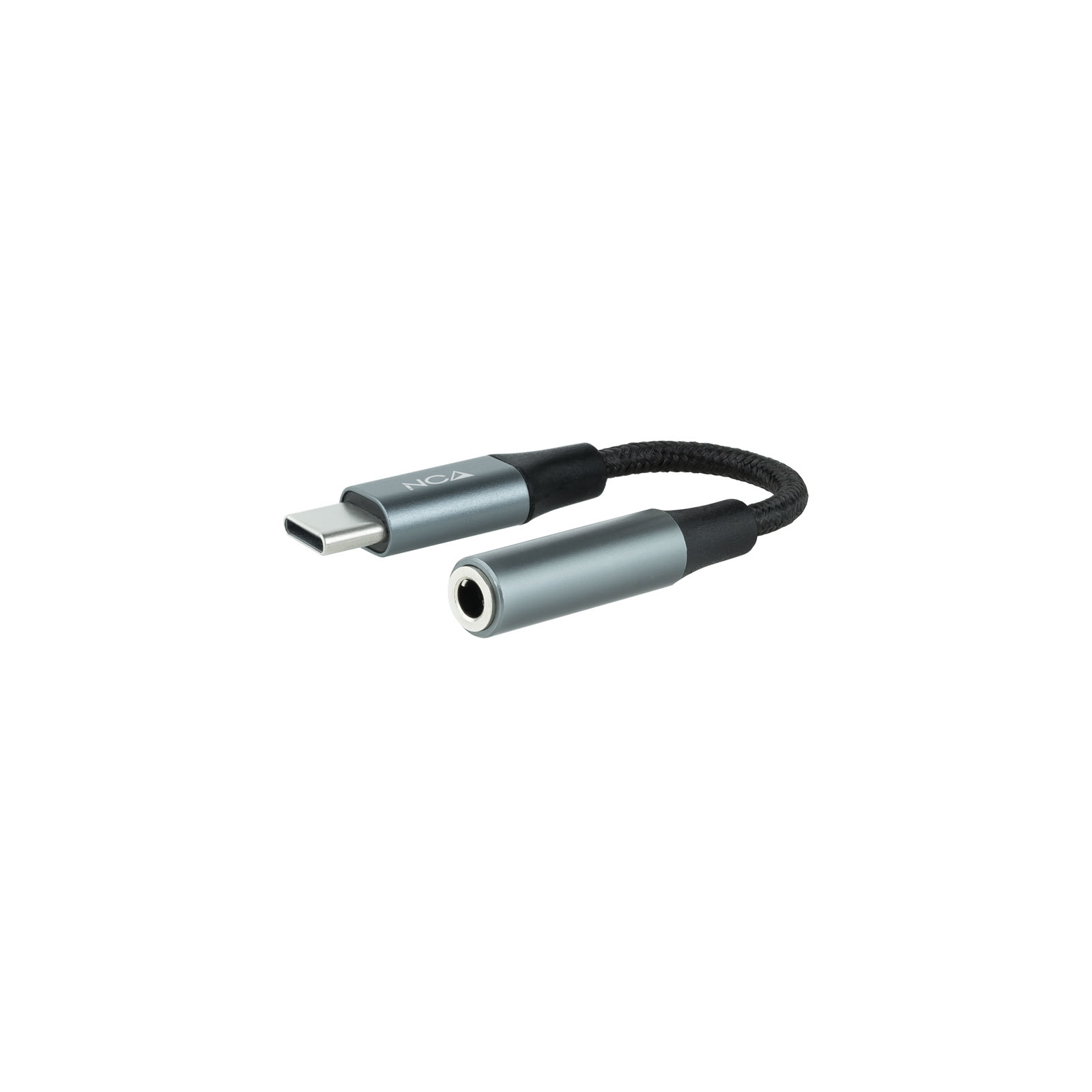 Adattatore argento da USB-C a cuffie da 3,5 mm, cavo intrecciato nero.