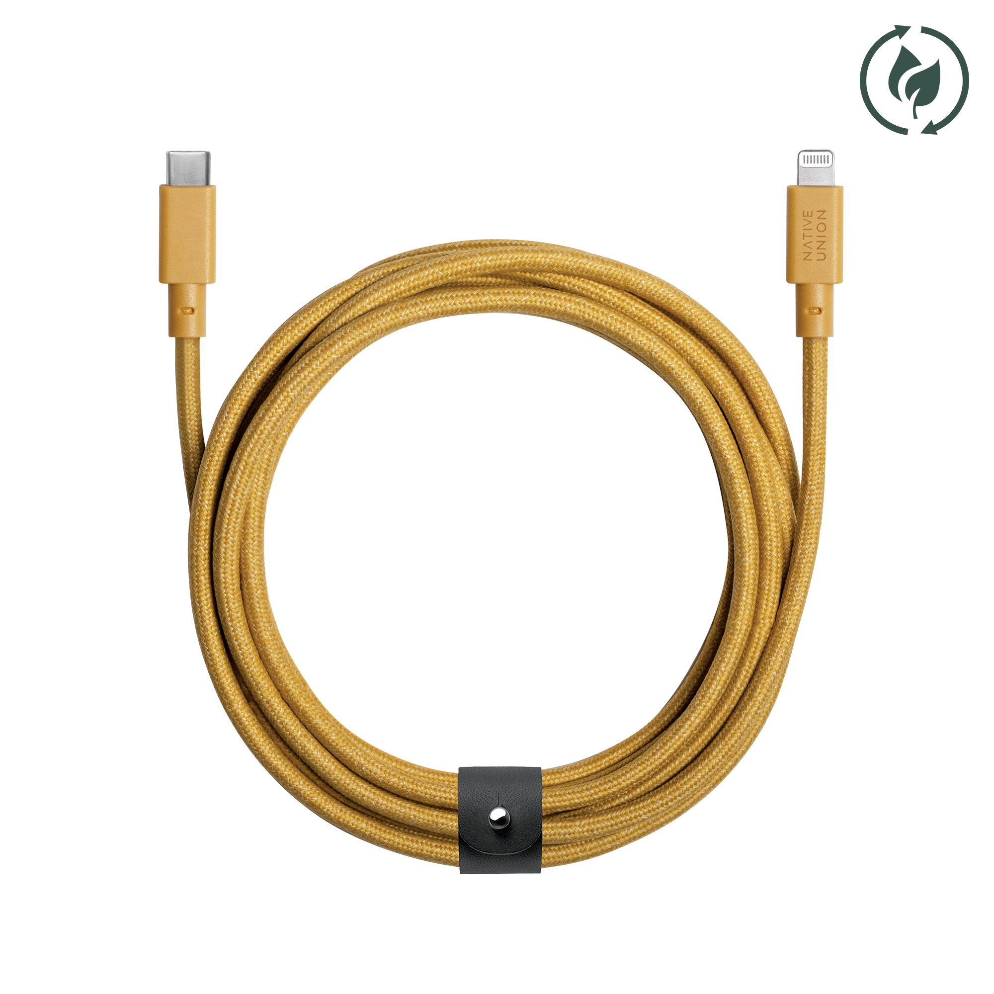 Cavo da USB-C a Lightning giallo con cinturino nero. Marchio Native Union sui connettori.