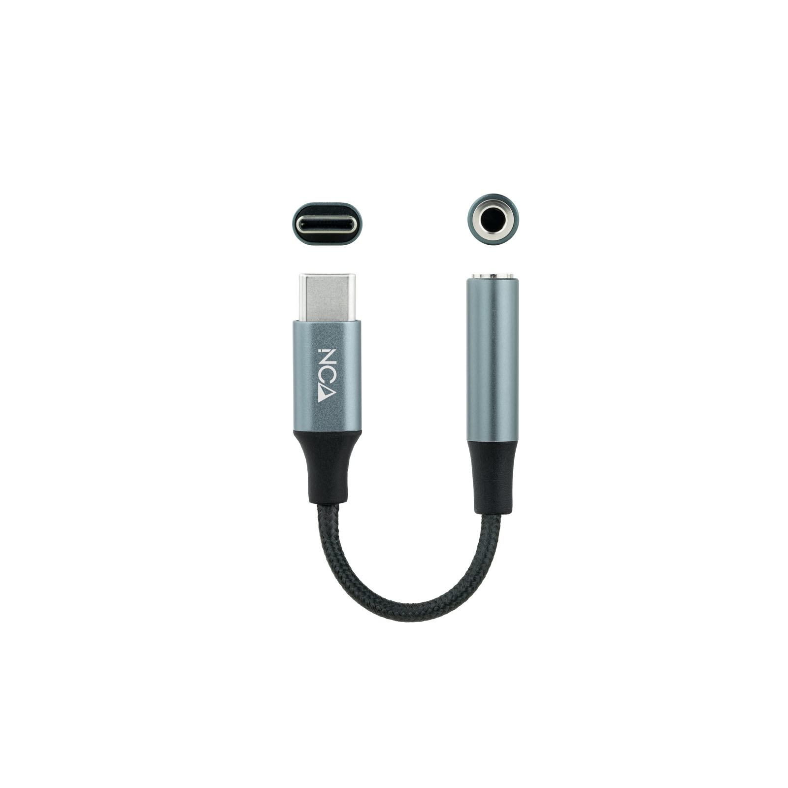 Adattatore audio da USB-C a 3,5 mm grigio. Cavo nero, connettori grigi e neri.