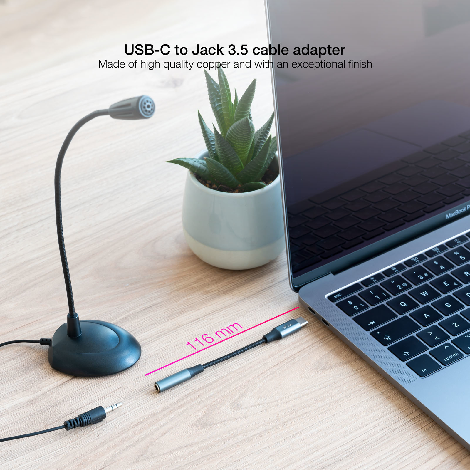 Un adattatore da USB-C a 3,5 mm collegato a un laptop. Anche un microfono è collegato. Una piccola pianta sullo sfondo.