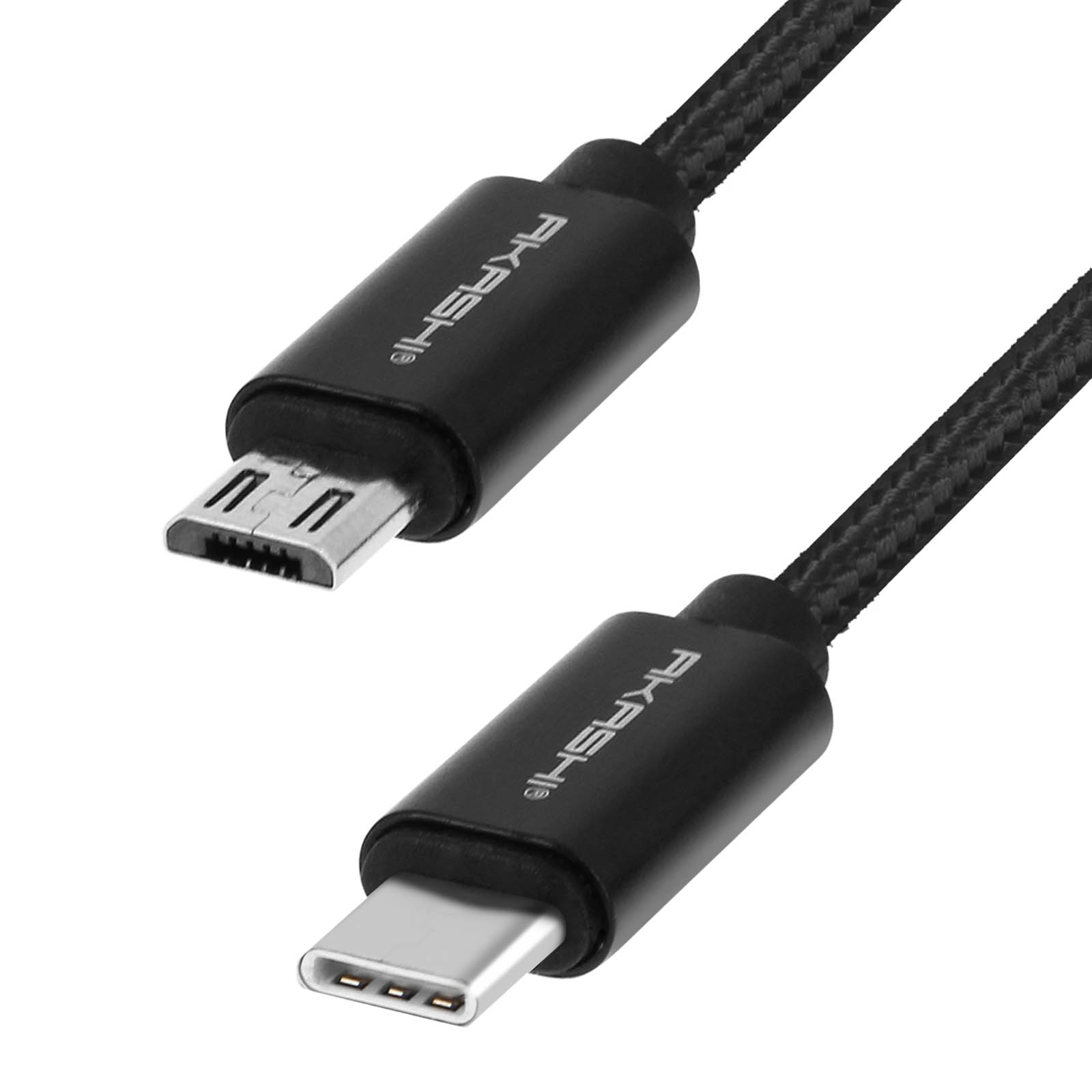 Due cavi USB neri, uno con estremità micro USB e l'altro con USB-C, su sfondo bianco.