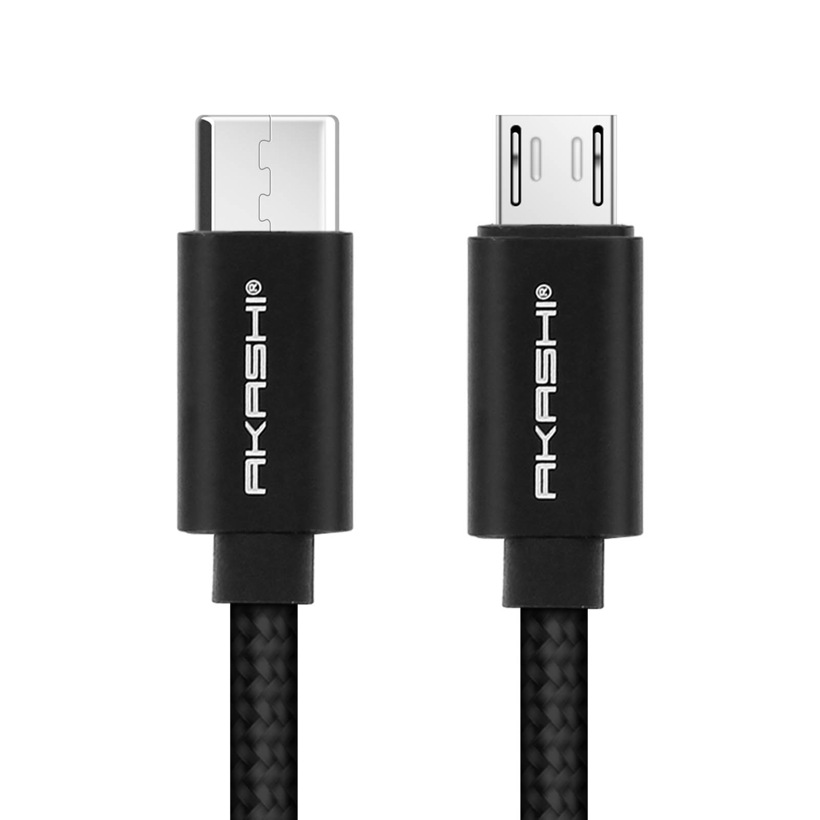 Cavo da USB a Micro-USB nero. Marchio AKASHI visibile. Sfondo bianco.