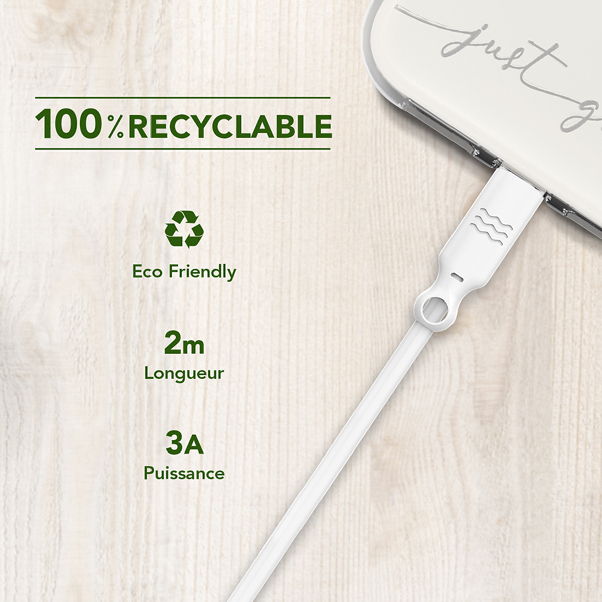 Cavo di ricarica bianco con un telefono. Testo: 100% riciclabile, ecologico, 2m, 3A.