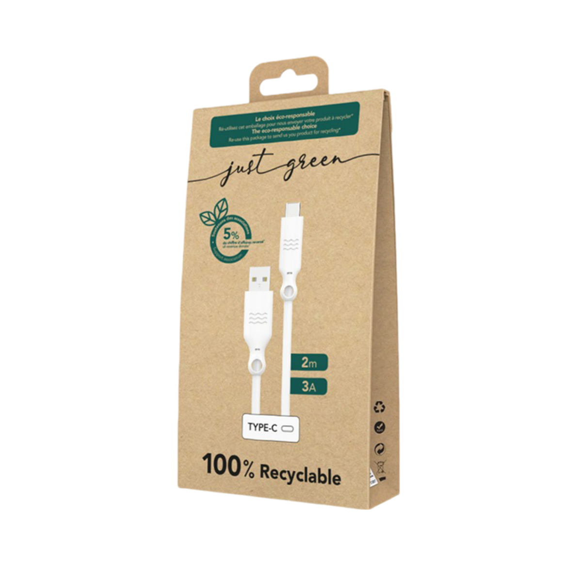 Scatola marrone con cavo USB-C bianco all'interno. 100% riciclabile. Just Green scritto.