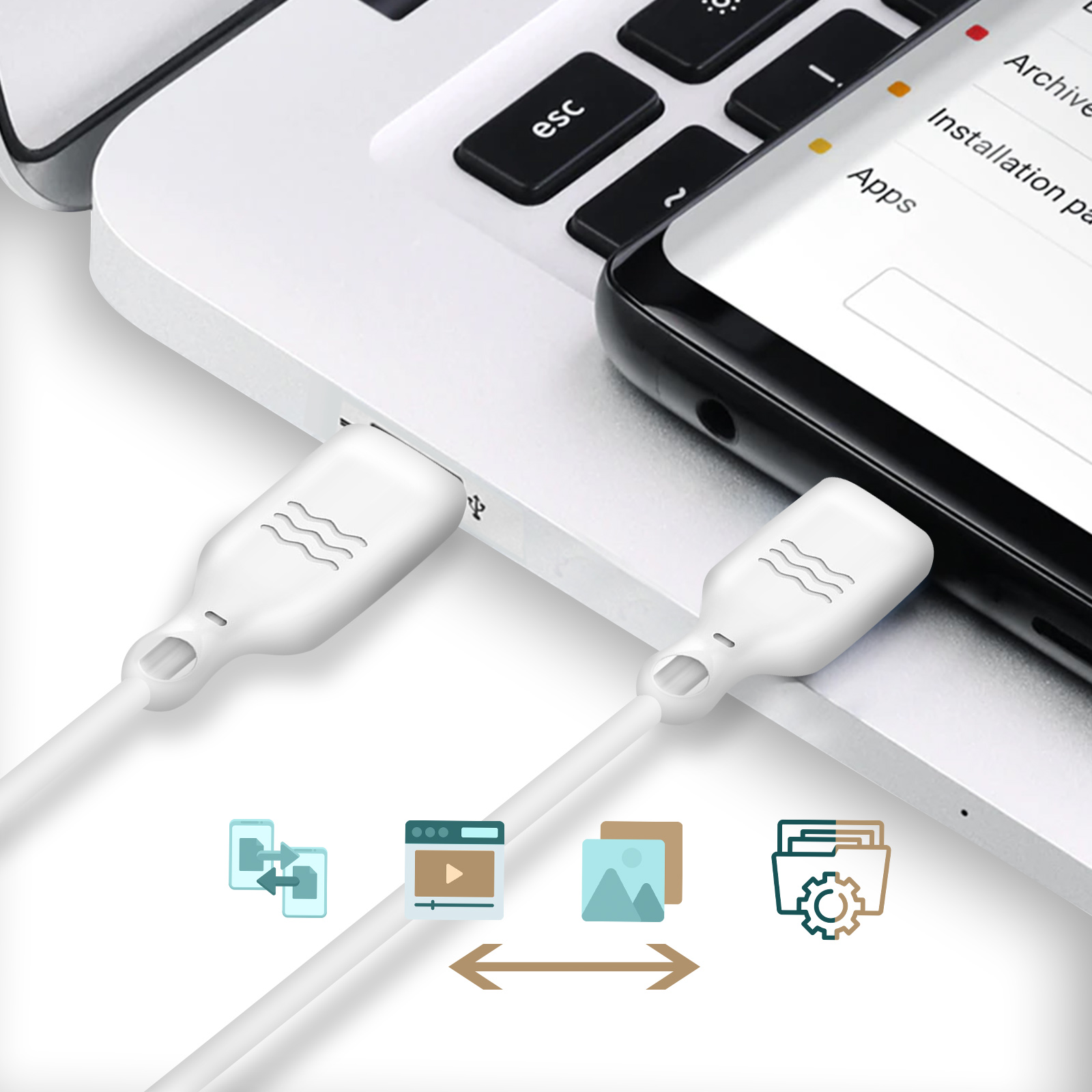Cavo USB bianco con telefono e laptop. Frecce mostrano trasferimento dati da telefono a laptop.