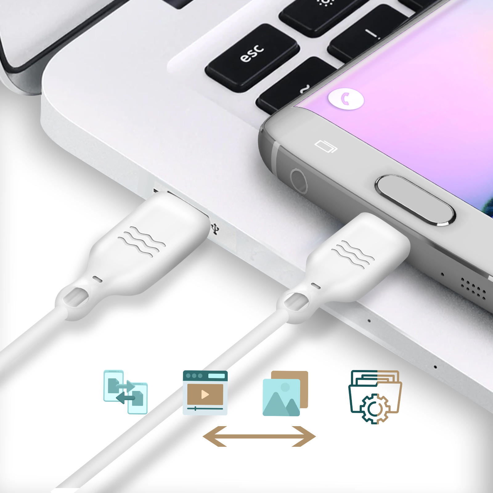 Telefono collegato tramite un cavo bianco a un laptop, con icone di trasferimento.