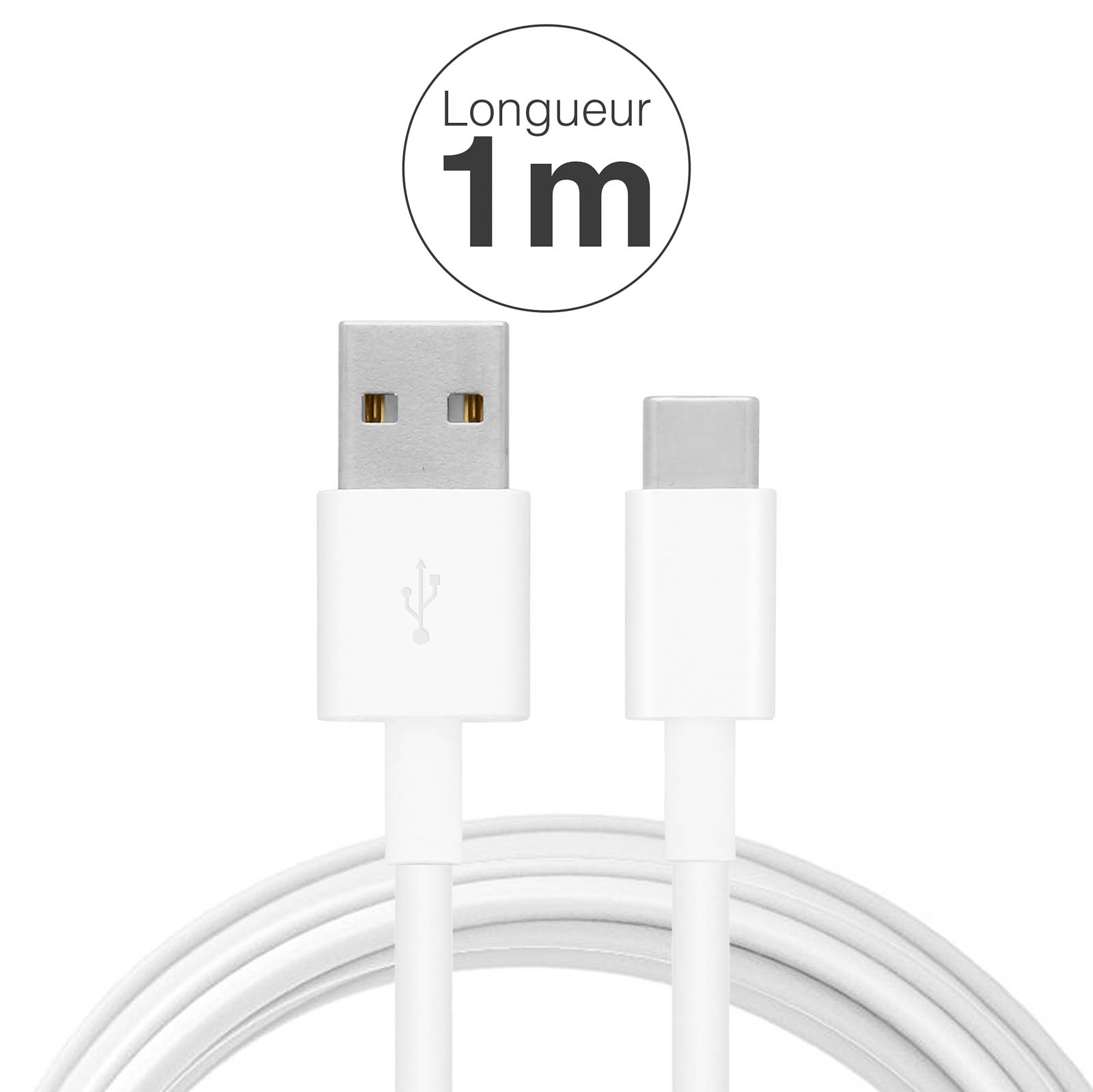 Biały kabel ładujący ze złączem USB i USB-C, z tekstem wskazującym długość 1 m.