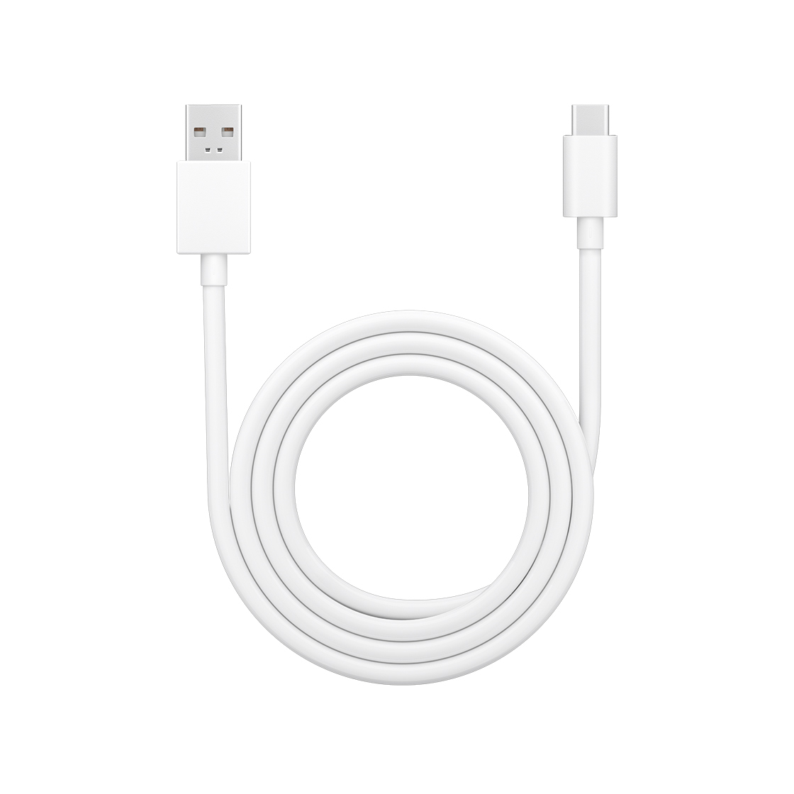 Câble USB vers USB-C blanc, enroulé, sur fond blanc.