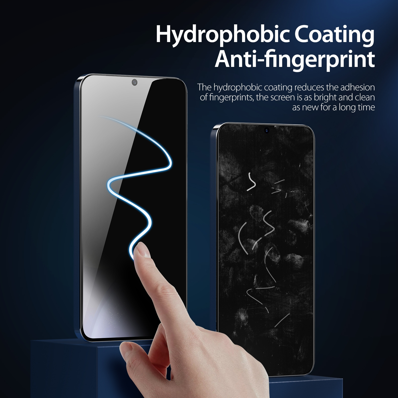 Zwei Telefone. Eines ist sauber, das andere hat Fingerabdrücke. Eine Hand berührt den sauberen Bildschirm. Blauer Hintergrund.