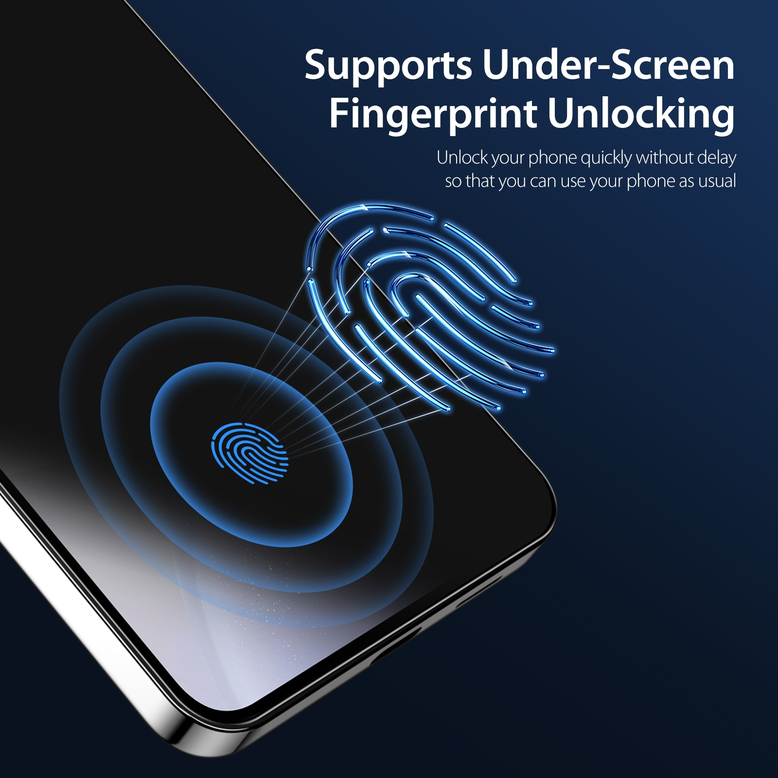 Nahaufnahme eines Telefonbildschirms mit Fingerabdruck-Entsperrgrafik auf dunkelblauem Hintergrund.