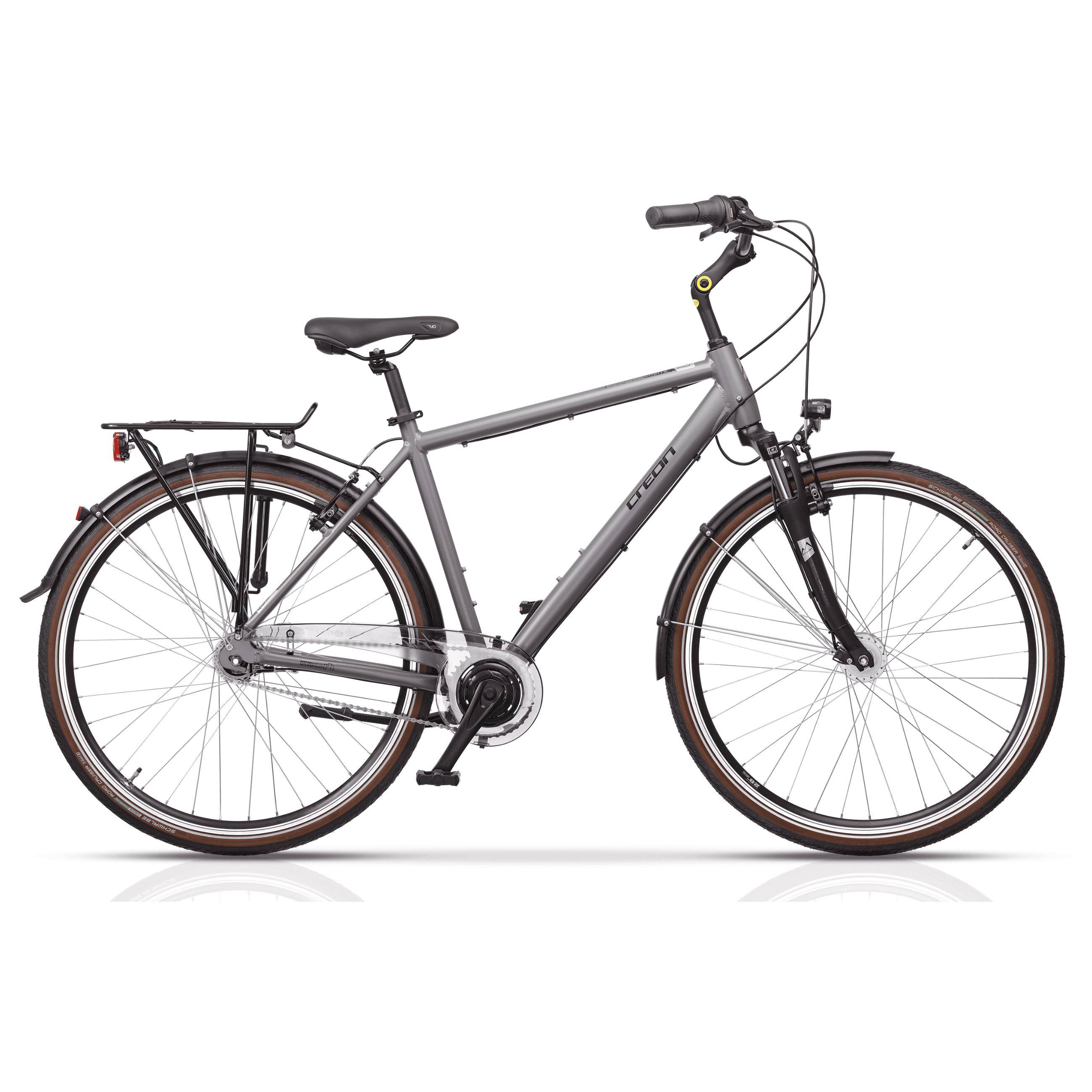 Graues Fahrrad mit braunen Reifen auf weißem Hintergrund. Schwarzer Sattel.