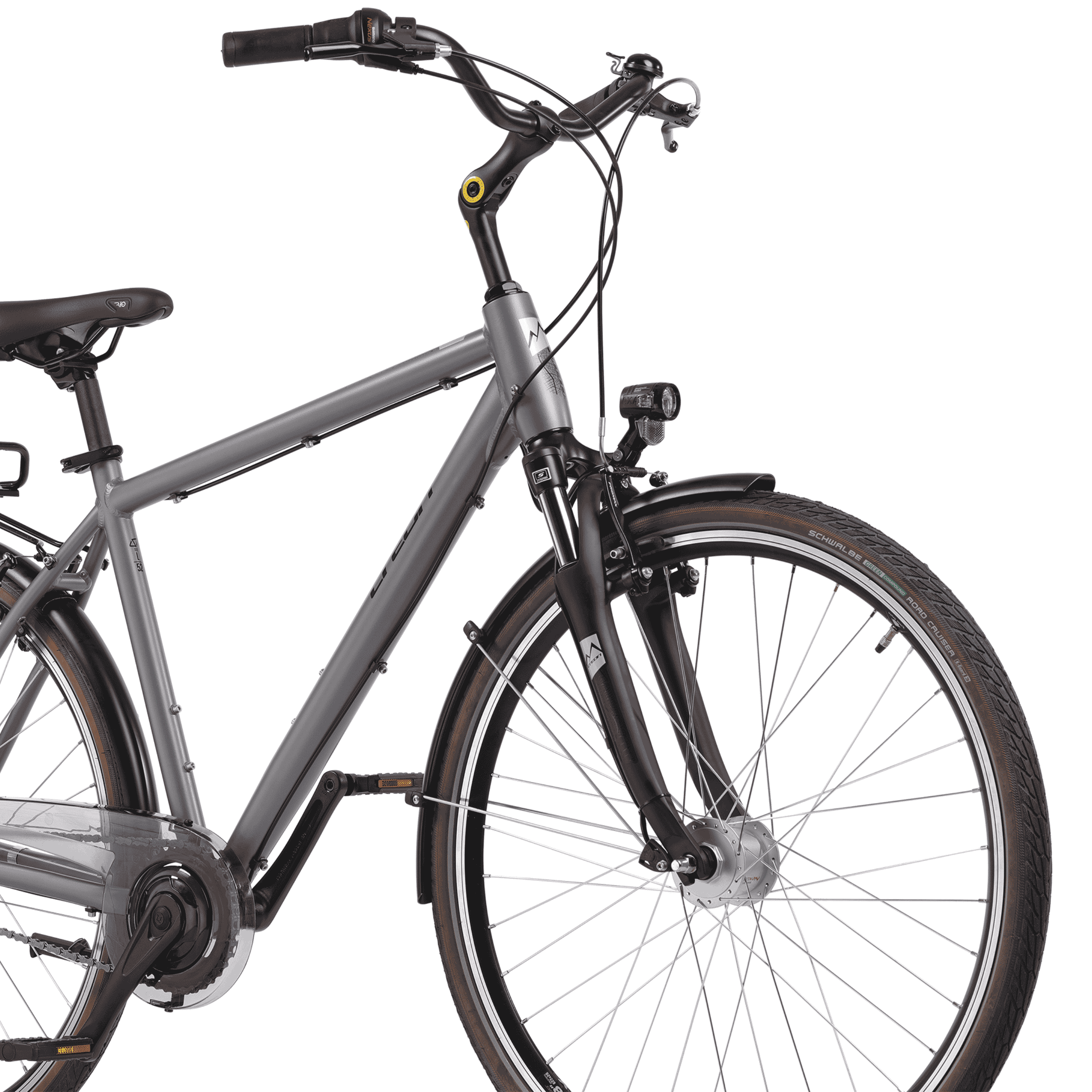 Graues Fahrrad mit schwarzem Lenker, Vorderrad und Sattel. Weißer Hintergrund.