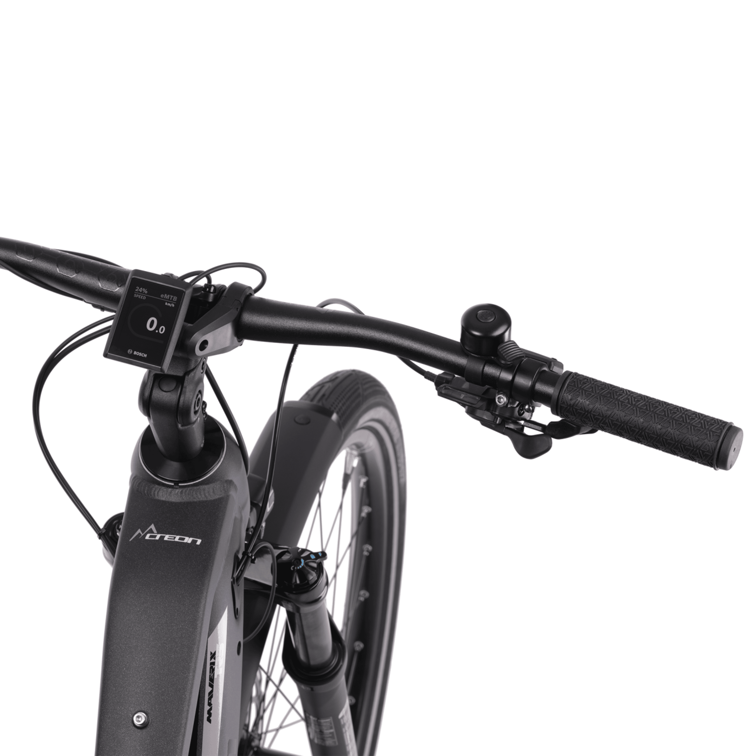 Nahaufnahme eines E-Bike-Lenkers mit Display und Steuerung.