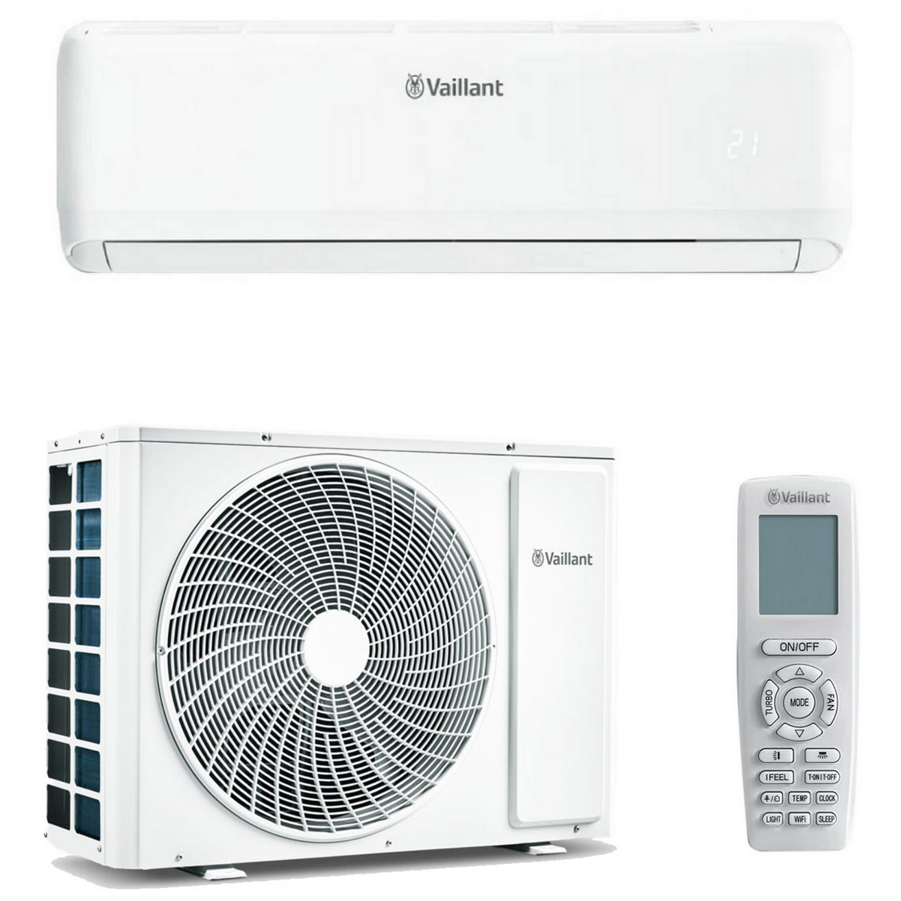 Sistema di climatizzazione Vaillant bianco. Unità esterna, unità interna e telecomando.
