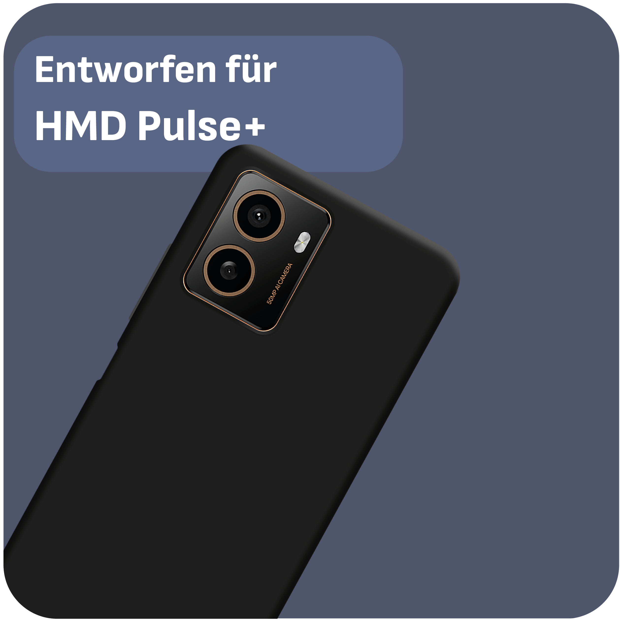 Schwarze Handyhülle mit Telefon. Für HMD Pulse+ entworfen. Telefon hat Dual-Kameras.