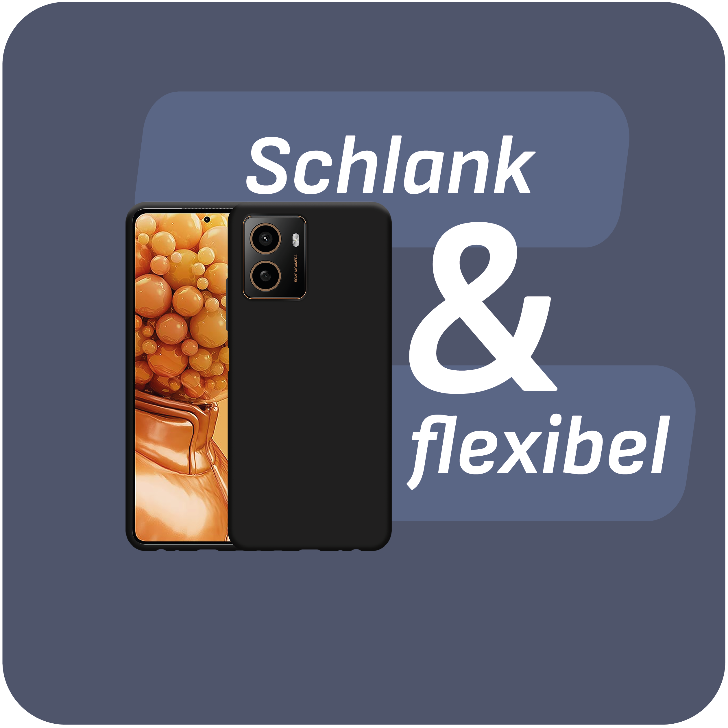 Eine schwarze Handyhülle mit einem Telefon darin. Der Text lautet: Schlank & flexibel.