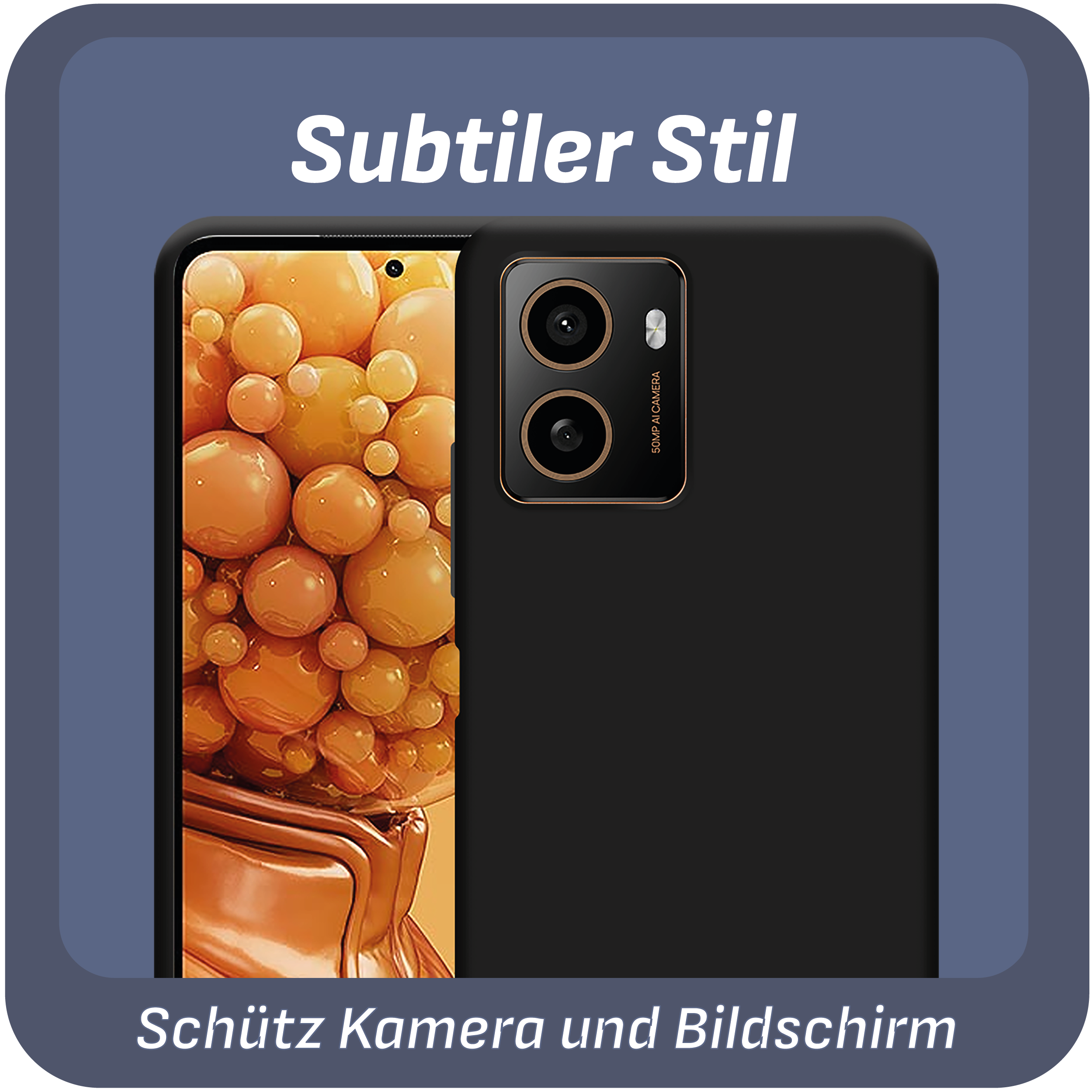 Ein schwarzes Telefon mit einer Handyhülle mit einem Bild von Orangen, in einem blauen Hintergrund.