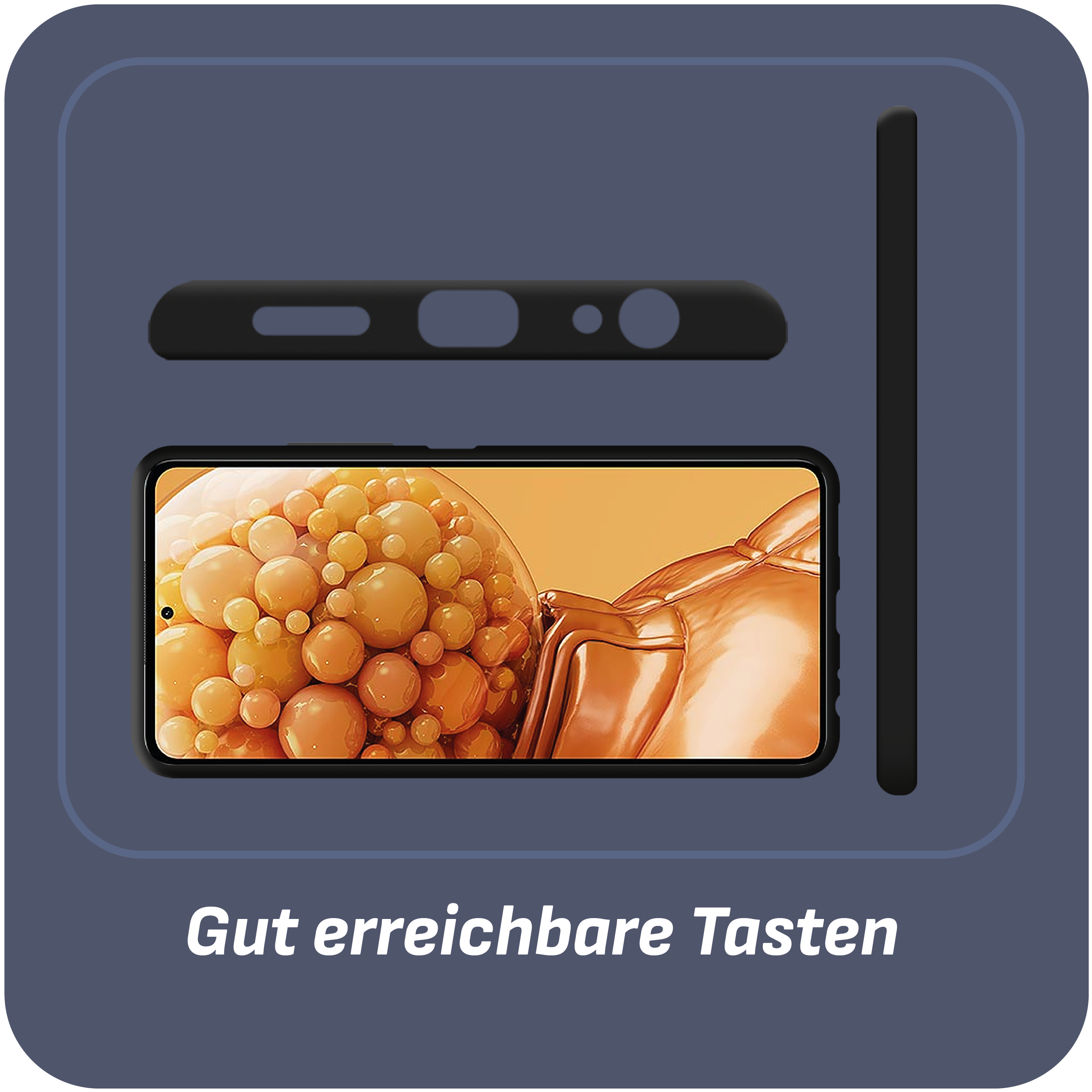 Telefon mit schwarzem Gehäuse. Text: Gut erreichbare Tasten.
