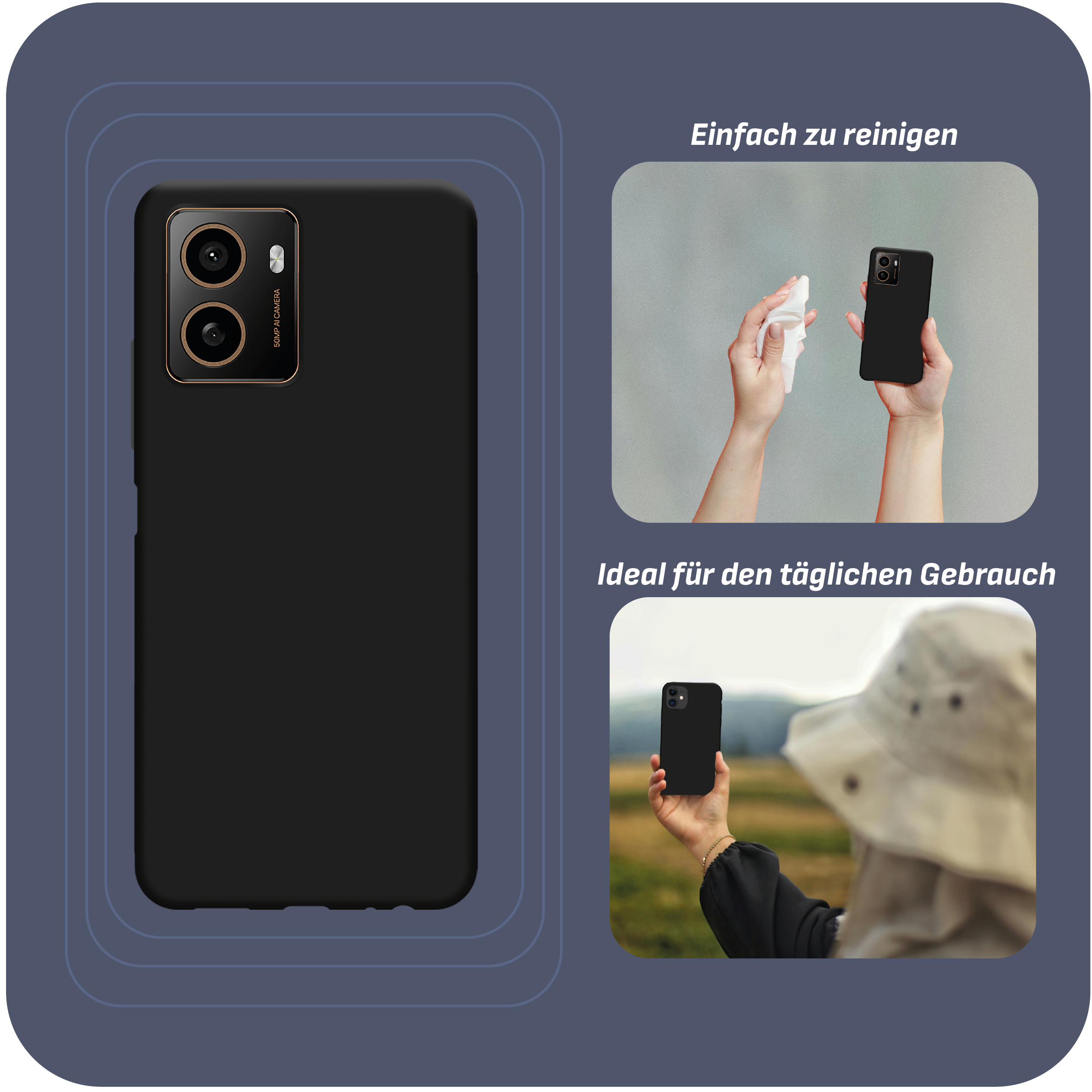 Schwarzes Telefon in schwarzem Gehäuse. Bilder zeigen Reinigung und täglichen Gebrauch.