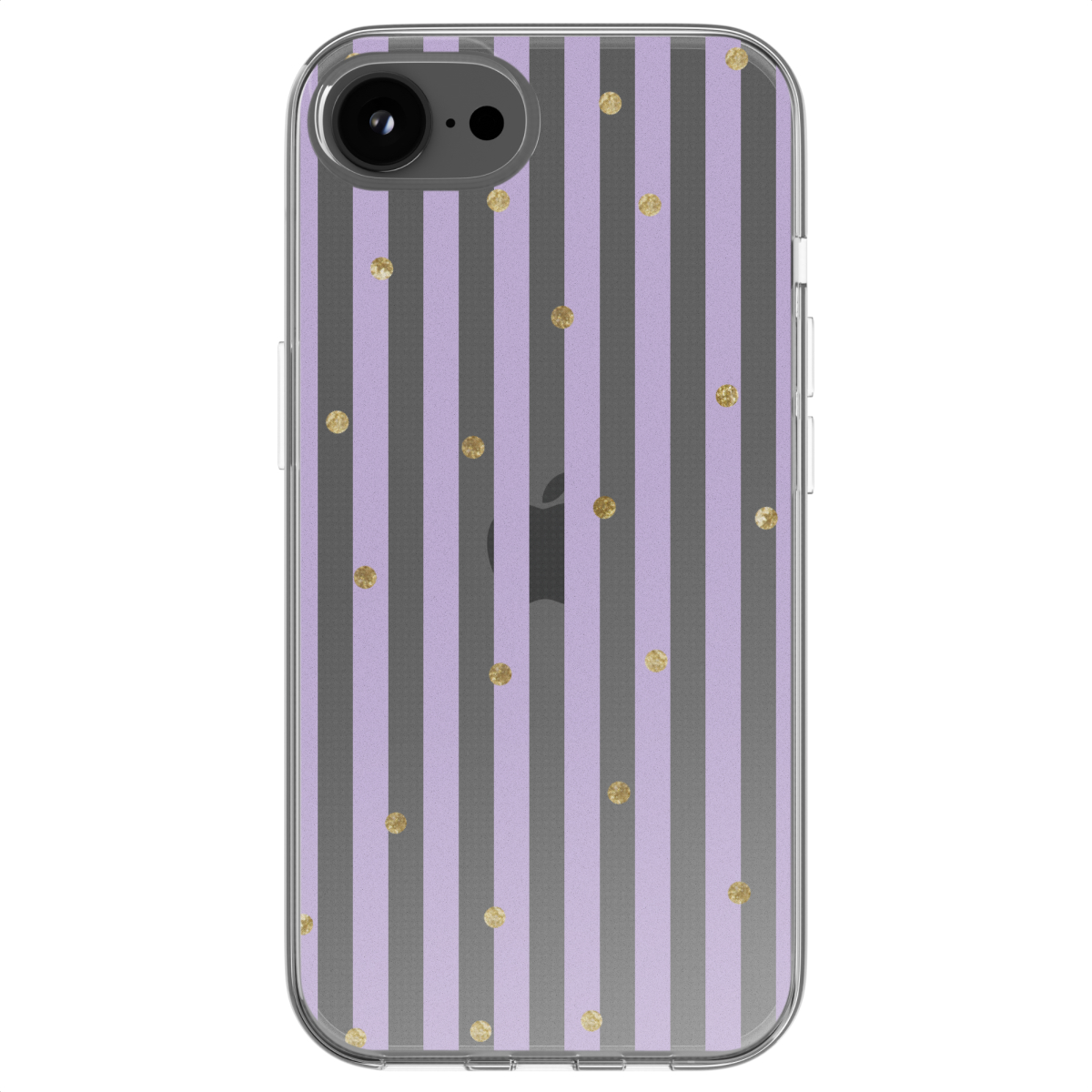 Eine Handyhülle mit lila Streifen und goldenen Punkten, auf einem Telefon. Das Apple-Logo ist sichtbar.
