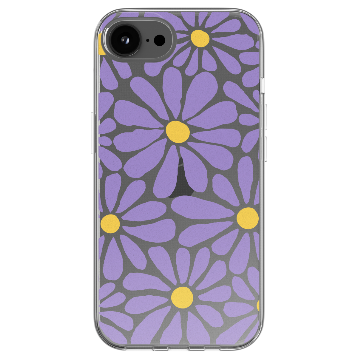Handyhülle mit lila Blumenmuster und gelben Zentren. Klare Hülle.