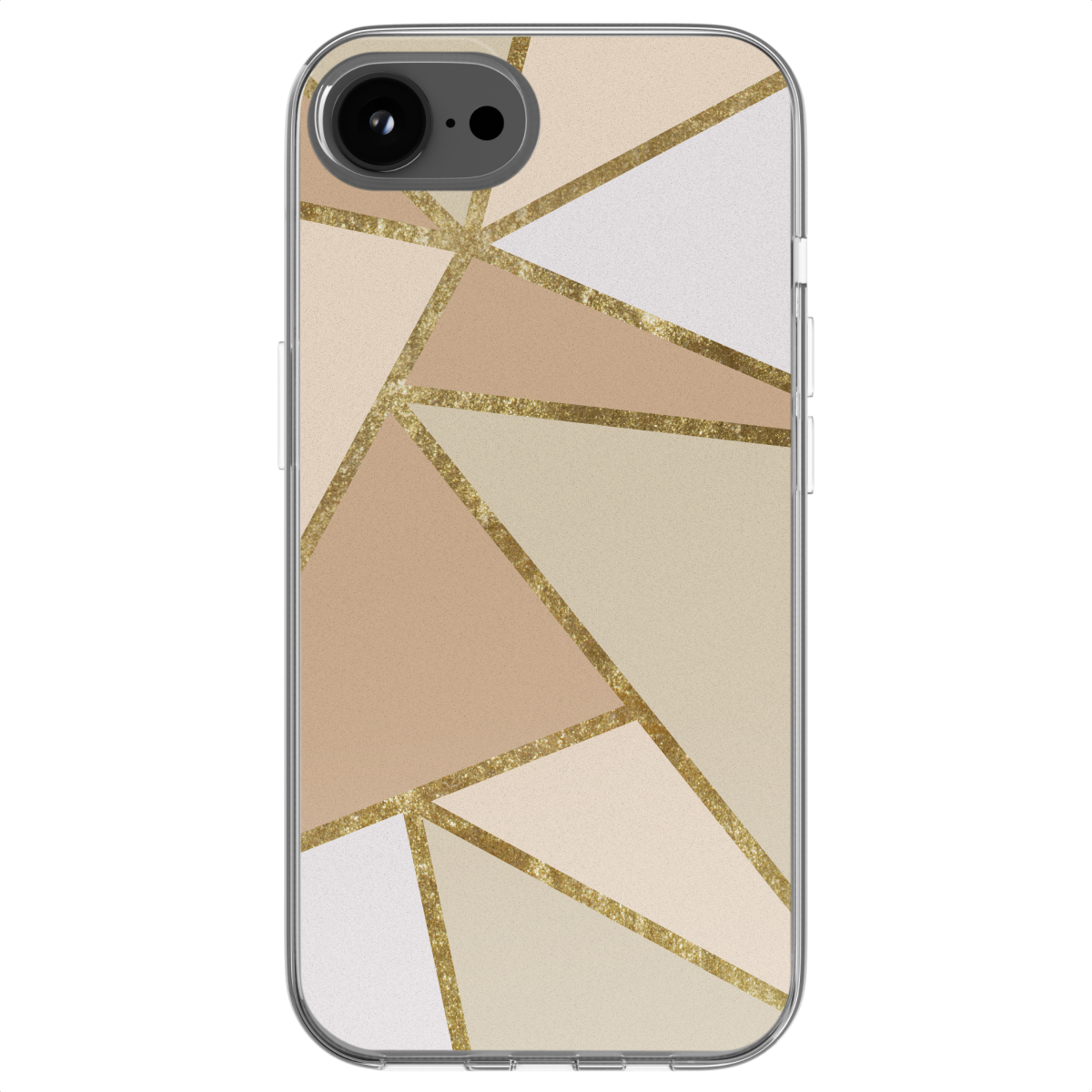 Handyhülle mit geometrischem Muster aus Beige, Weiß und Gold, freigestellt auf Weiß.