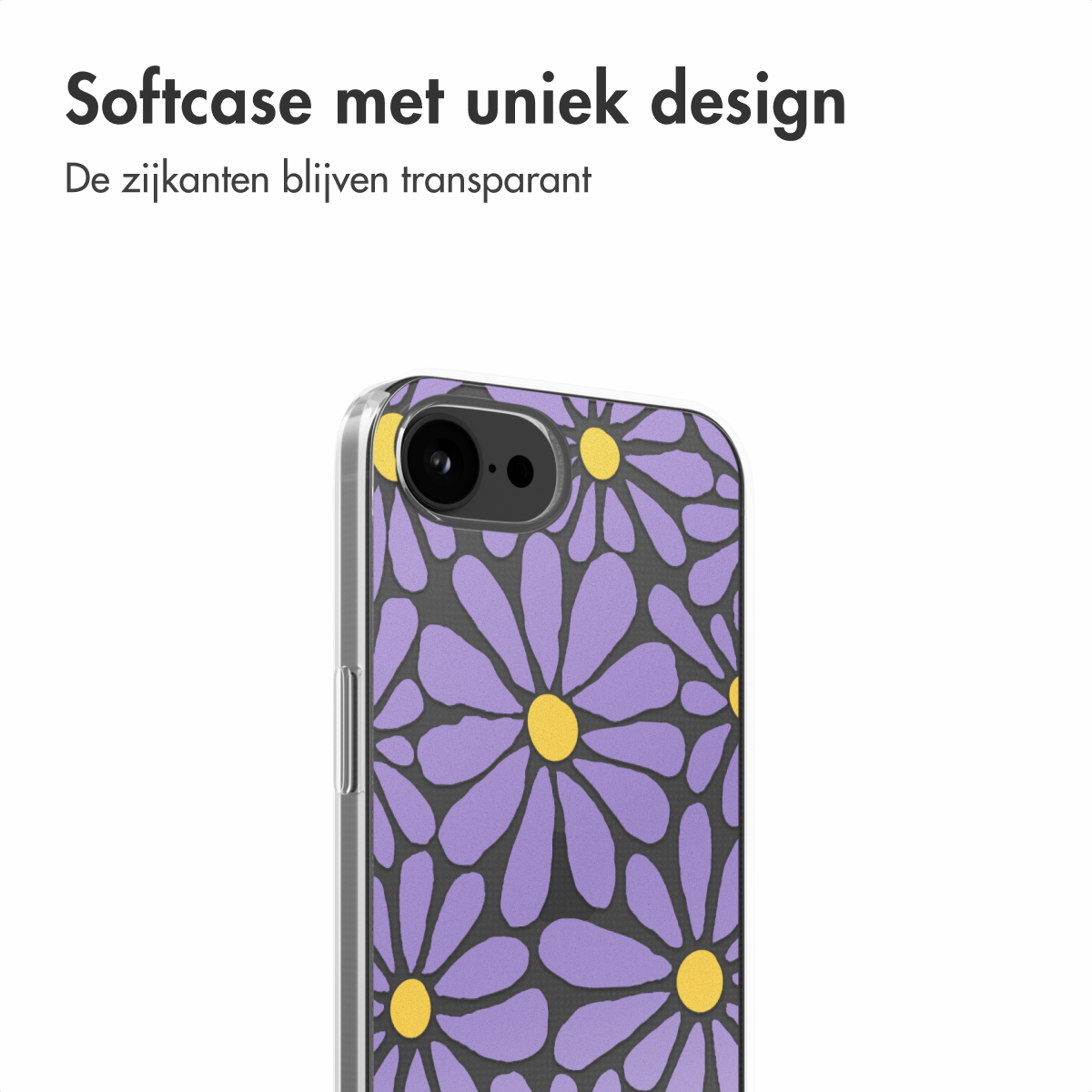 Transparente Handyhülle mit lila Blumenmuster, Text: Softcase mit einzigartigem Design, De zijkanten blijven transparent.
