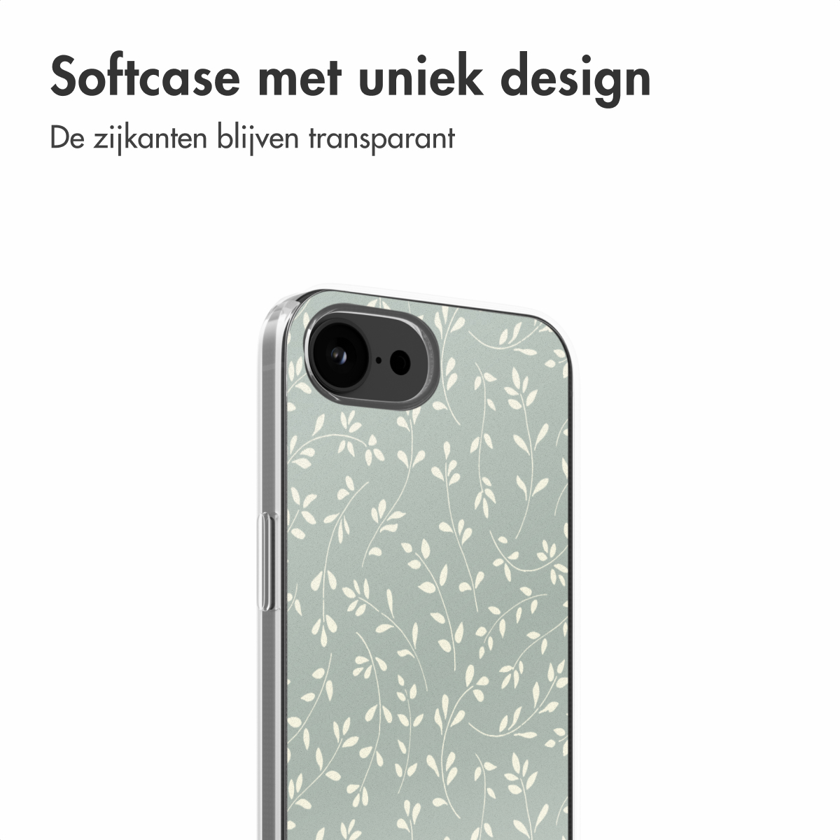 Handyhülle mit floralem Design. Die Hülle ist transparent mit grünem Hintergrund und weißen Blättern.