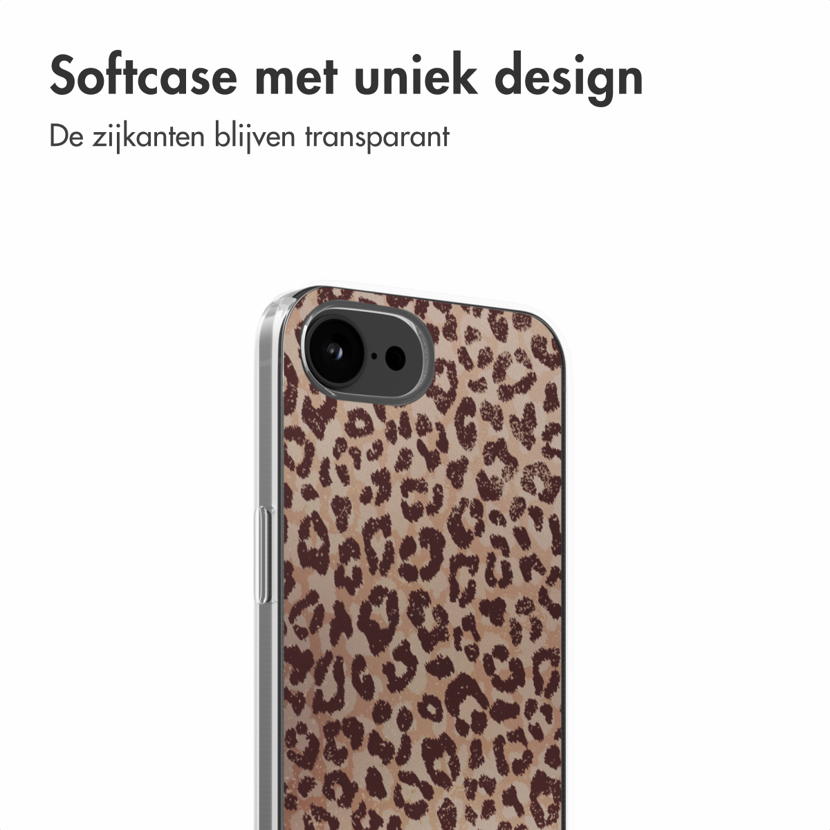 Nahaufnahme einer Handyhülle mit Leopardenmuster.  Die Handyhülle ist auf weißem Hintergrund.