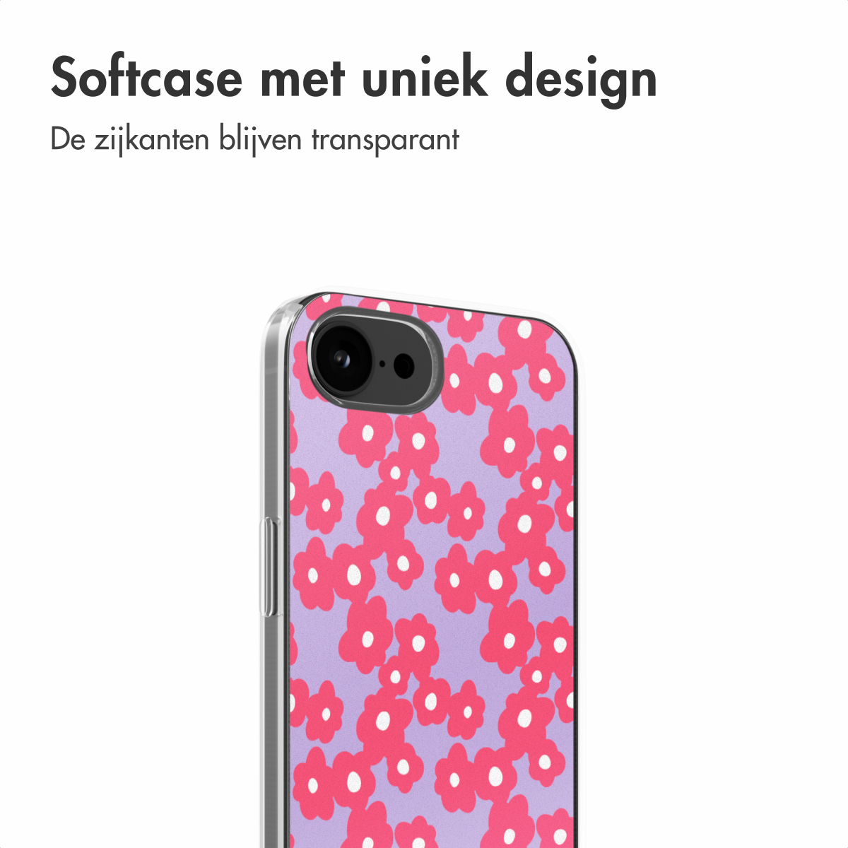Handyhülle mit Blumenmuster auf lila Hintergrund, mit transparentem Rand.