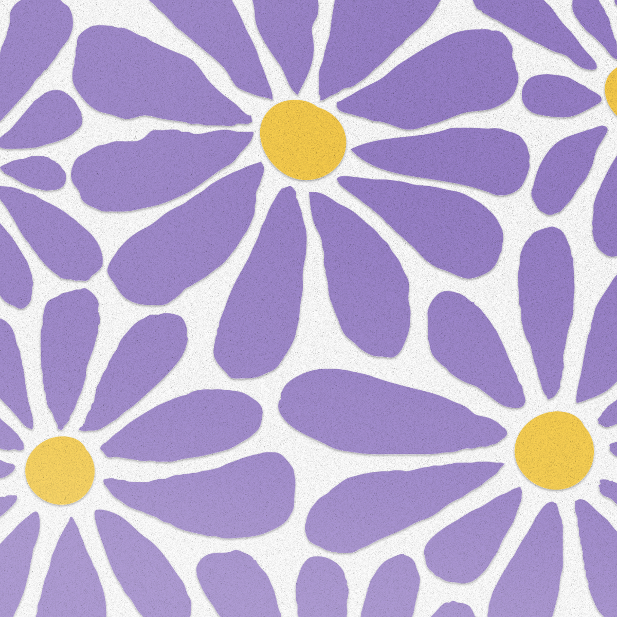 Blumenmuster mit violetten Blütenblättern und gelben Zentren auf weißem Grund.