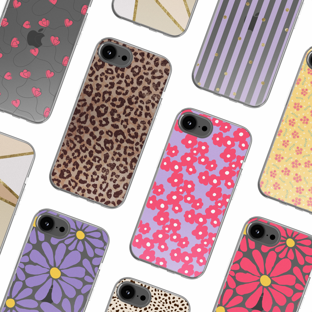 Eine Sammlung von Handyhüllen mit verschiedenen Mustern, darunter Leopardenmuster und florale Designs.