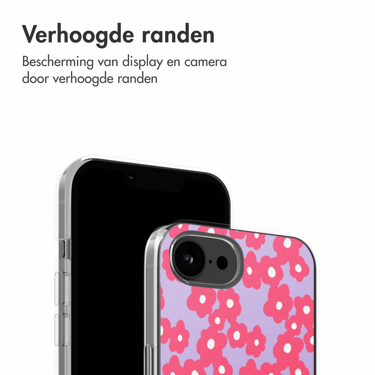 Ein Telefon in einer Hülle mit rosa Blumenmuster, Text: Verhoogde randen.