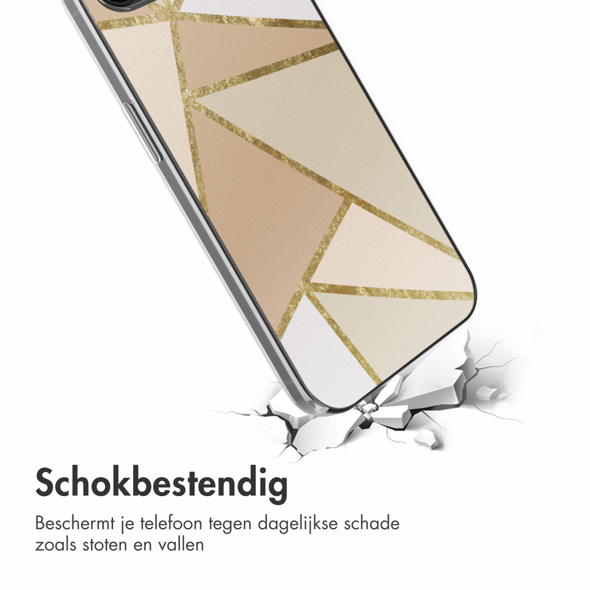 Handyhülle mit geometrischem Design bricht Oberfläche, Risse sichtbar. Text 'Stoßfest'.