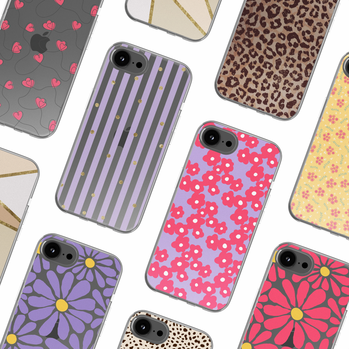 Verschiedene Handyhüllen mit verschiedenen Mustern. Designs umfassen Streifen, Blumen und Tiermuster.