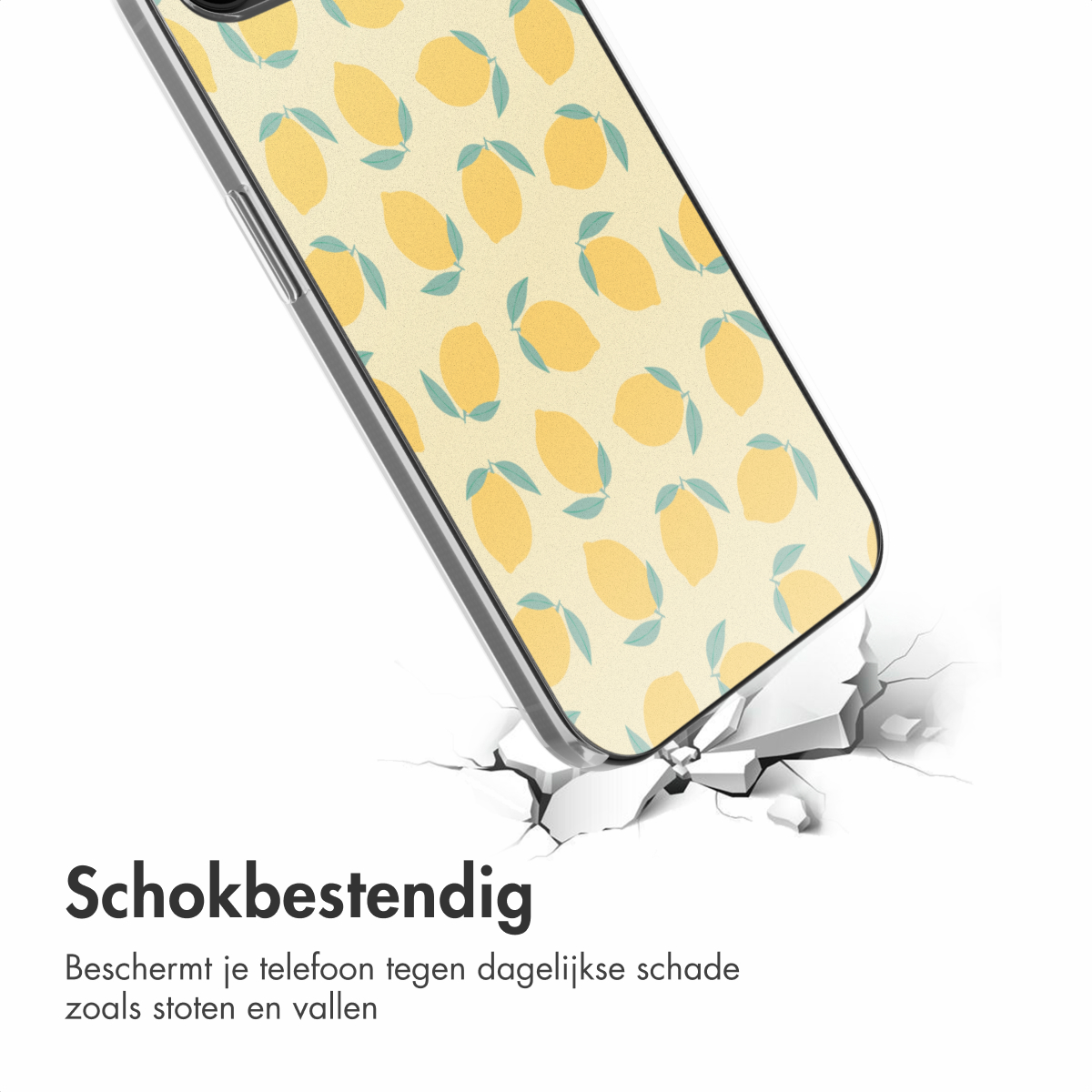 Handyhülle mit Zitronenmuster. Hülle auf weißem Hintergrund. Text: 'Stoßfest'.