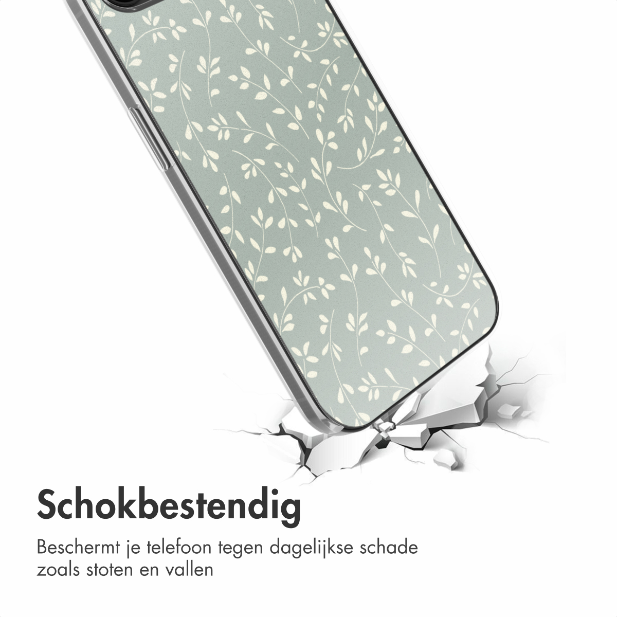 Eine Handyhülle mit Blättermuster zerbricht eine Oberfläche. Text: Stoßfest.
