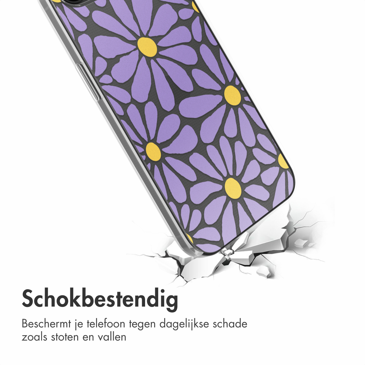 Handyhülle mit lila Blumenmuster, die eine Oberfläche aufbricht. Die Hülle ist schwarz-weiß.