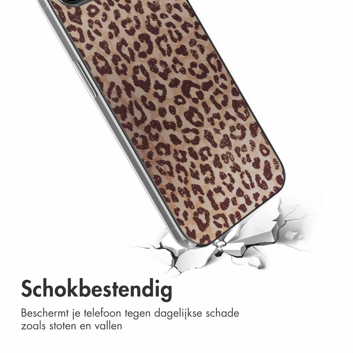 Handyhülle mit Leopardenmuster, zerbrochene weiße Oberfläche, Aufprallschutz Text.
