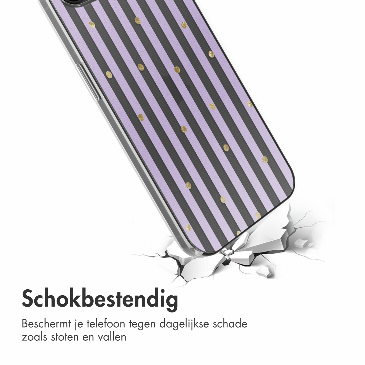 Eine Handyhülle mit einem schwarz-lila gestreiften Design mit goldenen Punkten, die auf einer rissigen Oberfläche liegt.