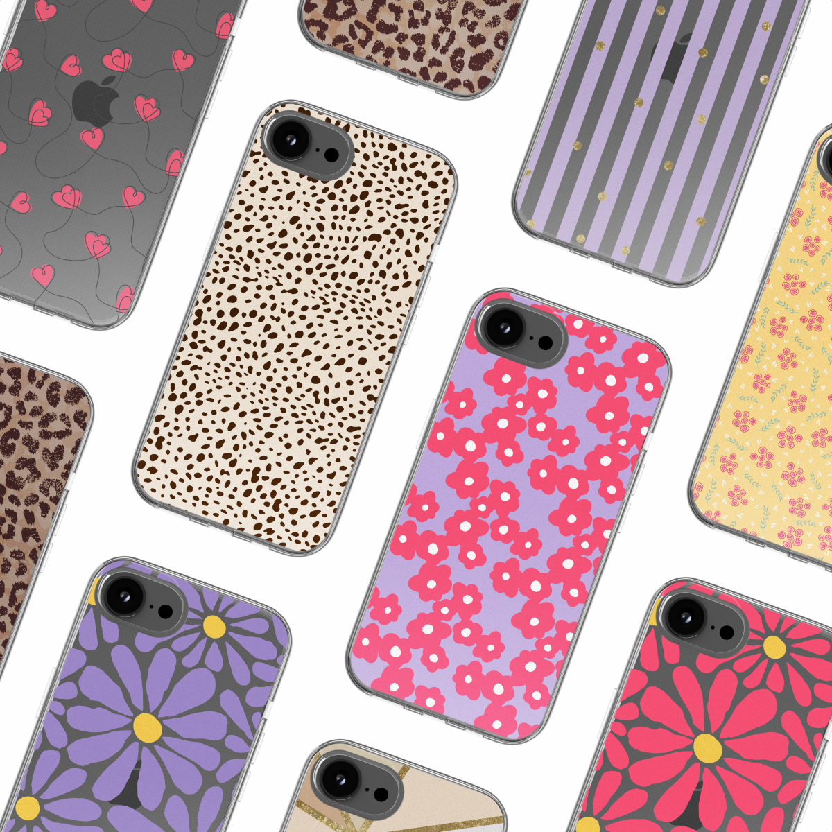 Handyhüllen mit verschiedenen Designs. Muster sind Leopardenmuster, Blumenmuster und Streifen. Weißer Hintergrund, transparent.