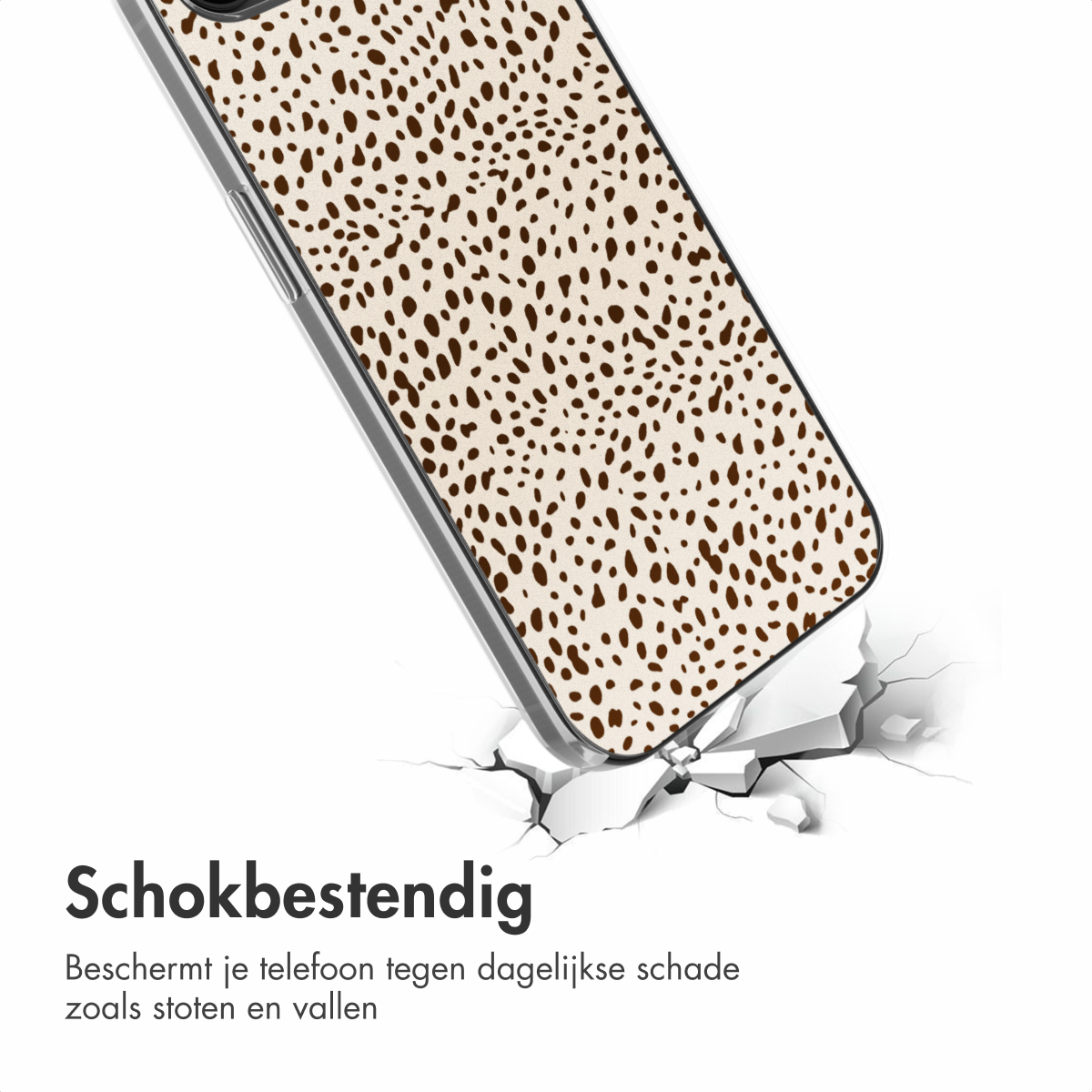 Telefonhülle mit braunem Fleckenmuster, rissige Oberfläche. Text: Stoßfest, schützt vor Schäden.