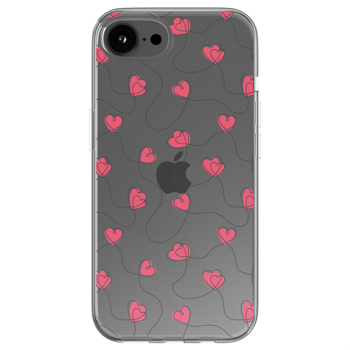 Transparente Handyhülle mit rosa Herzmustern und schwarzem Apple-Logo.