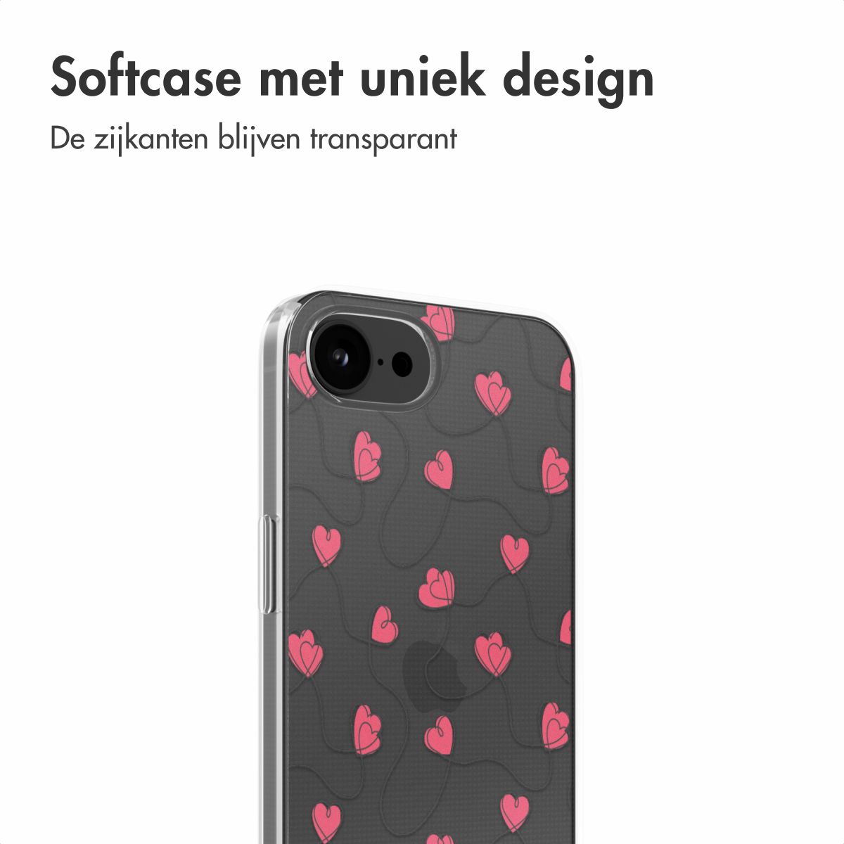 Transparente Handyhülle mit rosa Herzmuster, Text 'Softcase met uniek design' und transparente Seiten.