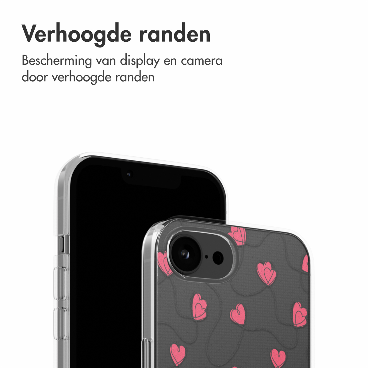Eine transparente Handyhülle mit Herzmuster, die teilweise ein Handy bedeckt.