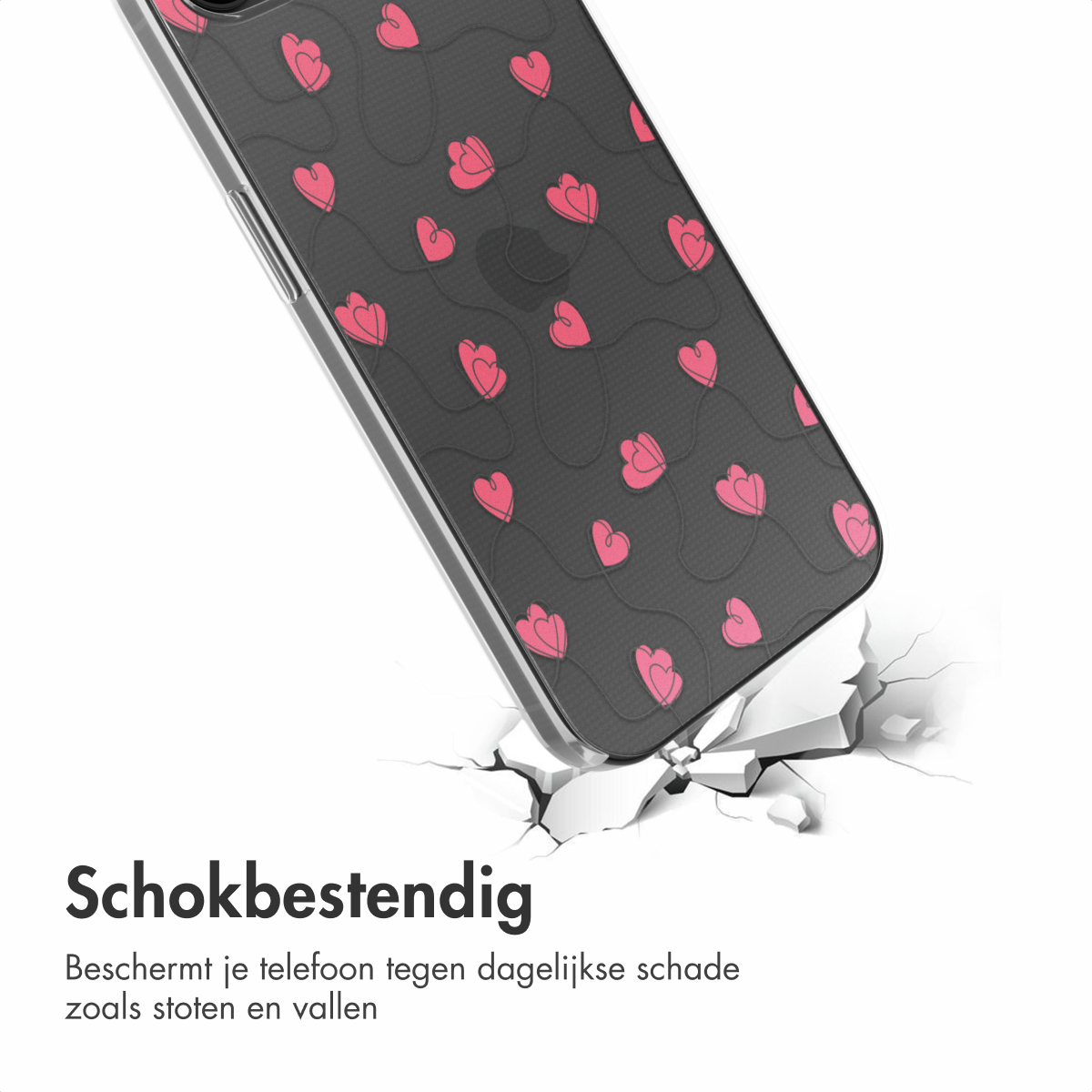 Handyhülle mit Herzen. Die Hülle scheint auf weißem Untergrund zu fallen.