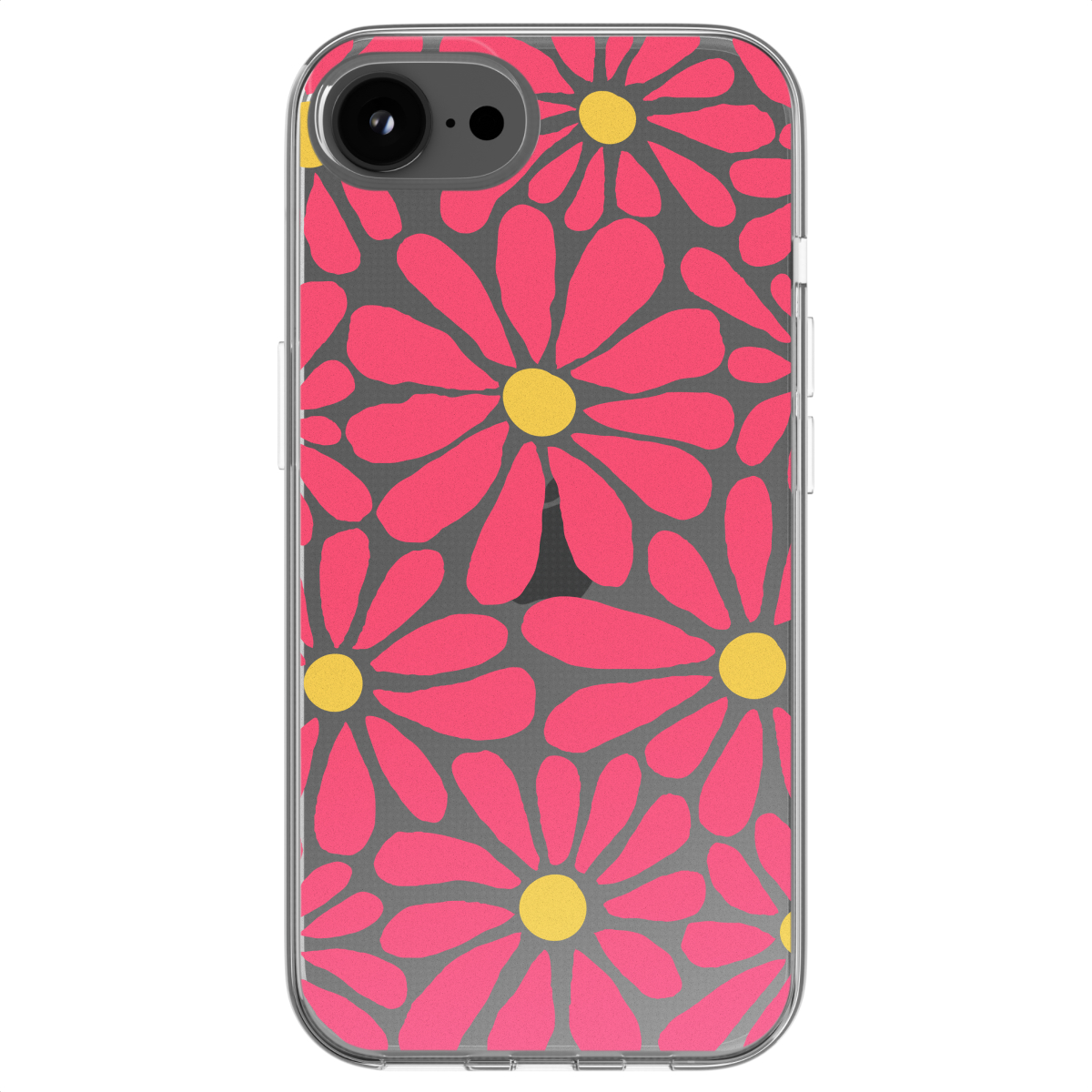 Transparente Handyhülle mit sich wiederholenden rosa Blumen und gelben Zentren auf grauem Hintergrund.